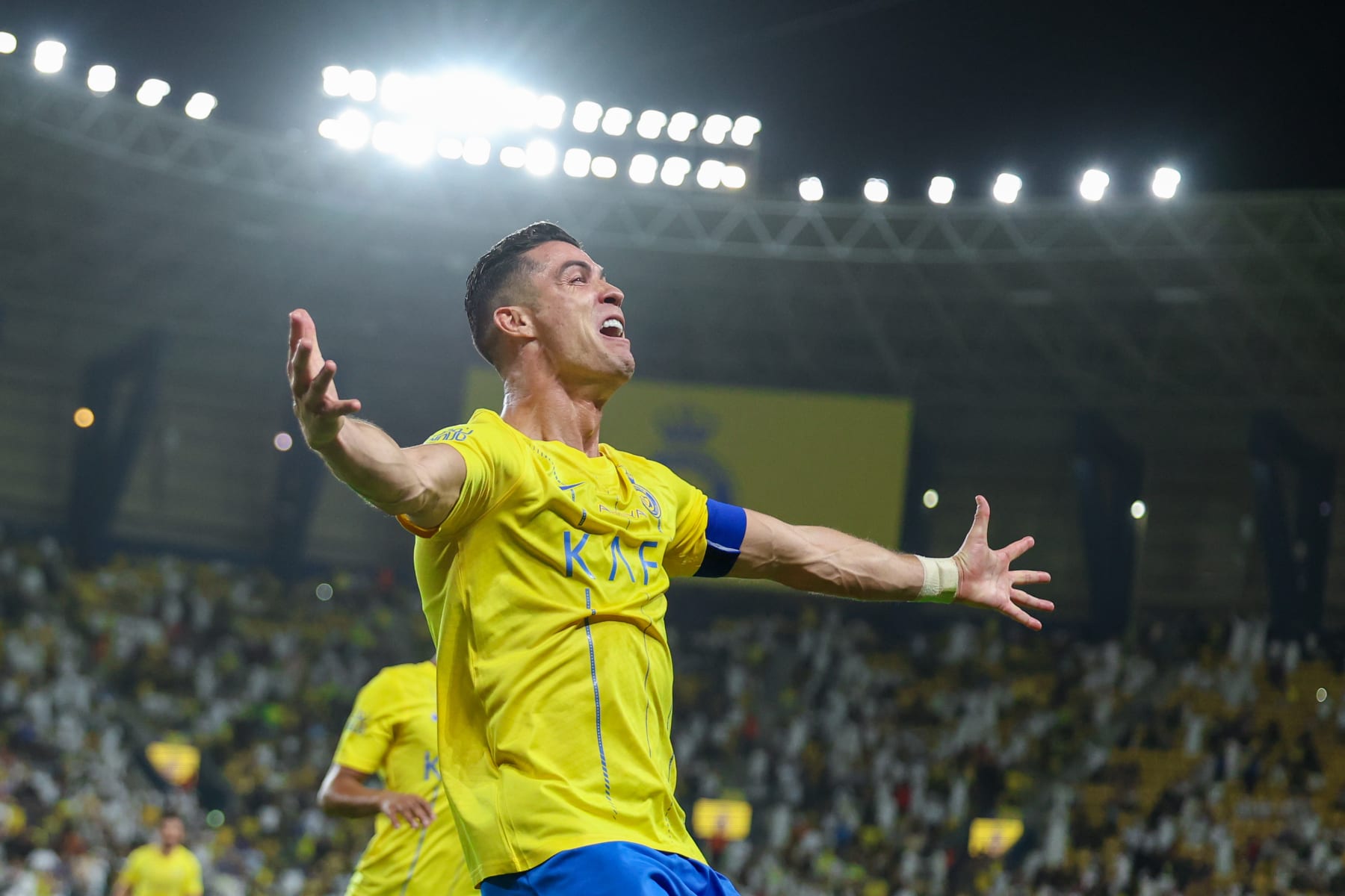 RIYADH, SAUDI ARABIA - MAY 27: Cristiano Ronaldo of Al Nassr celebrates after scoring the 2nd goal during the Saudi Pro League match between Al-Nassr and Al-Ittihad at Al Awwal Park Stadium on May 27, 2024 in Riyadh, Saudi Arabia.(Photo by Yasser Bakhsh/Getty Images)