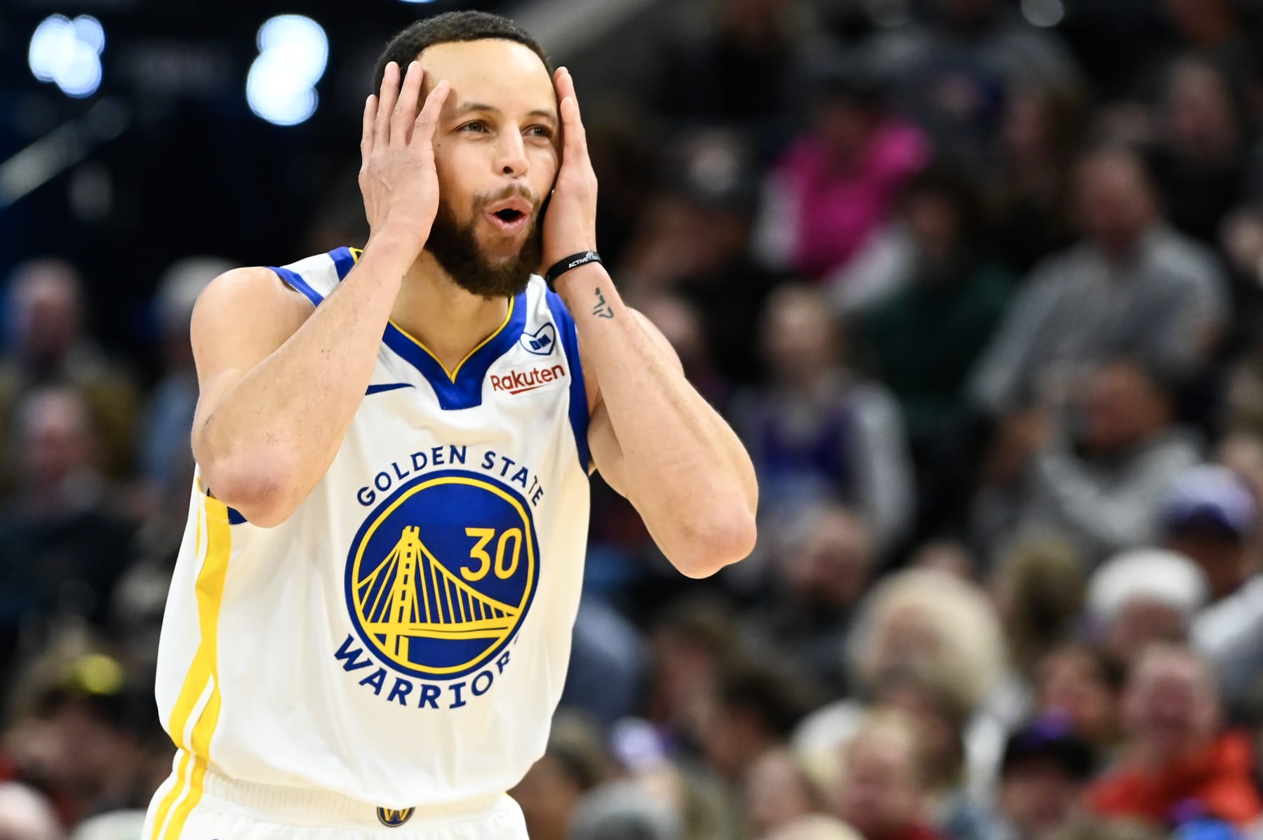 SALT LAKE CITY, UTAH - FEBRUARY 12: Stephen Curry #30 of the Golden State Warriors celebrates a three-point basket during the second half against the Utah Jazz at Delta Center on February 12, 2024 in Salt Lake City, Utah. NOTE TO USER: User expressly acknowledges and agrees that, by downloading and or using this photograph, User is consenting to the terms and conditions of the Getty Images License Agreement.  (Photo by Alex Goodlett/Getty Images)