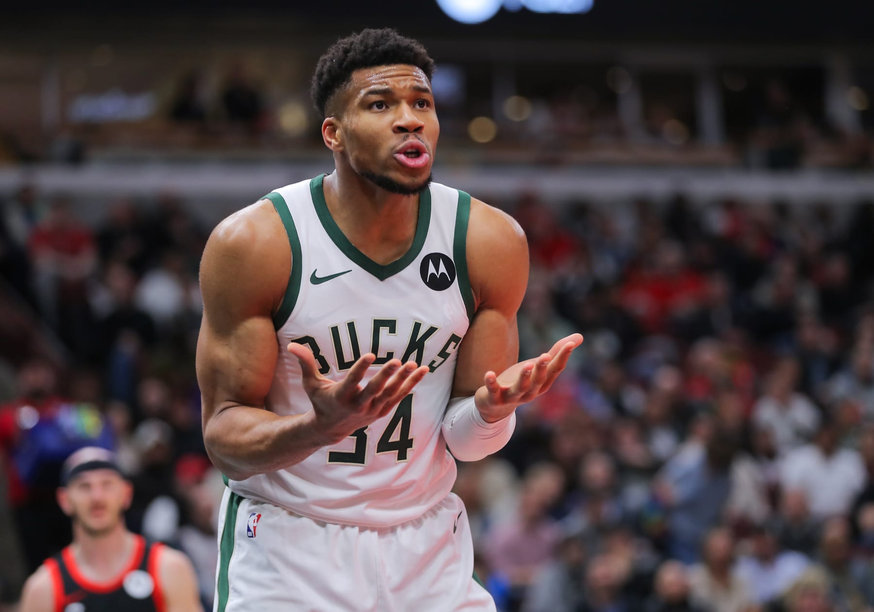 CHICAGO, IL - MARCH 01: Giannis Antetokounmpo #34 of the Milwaukee Bucks reacts during the first half against the Chicago Bulls at United Center on March 1, 2024 in Chicago, Illinois. (Photo by Melissa Tamez/Icon Sportswire via Getty Images)