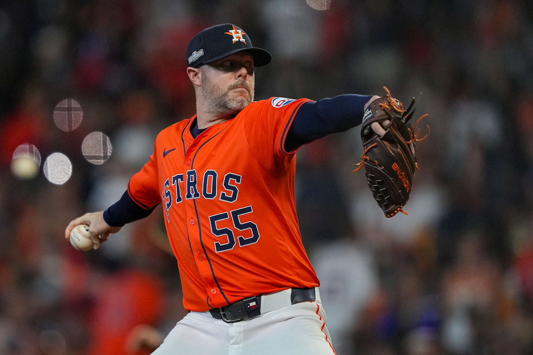 HOUSTON, TX - OCTOBER 02: Ryan Pressly #55 of the Houston Astros pitches during Game 2 of the Wild Card Series presented by T-Mobile 5G Home Internet between the Detroit Tigers and the Houston Astros at Minute Maid Park on Wednesday, October 2, 2024 in Houston, Texas. (Photo by Alex Bierens de Haan/MLB Photos via Getty Images) HOUSTON, TX - OCTOBER 02: Ryan Pressly #55 of the Houston Astros pitches during Game 2 of the Wild Card Series presented by T-Mobile 5G Home Internet between the Detroit Tigers and the Houston Astros at Minute Maid Park on Wednesday, October 2, 2024 in Houston, Texas. (Photo by Alex Bierens de Haan/MLB Photos via Getty Images)