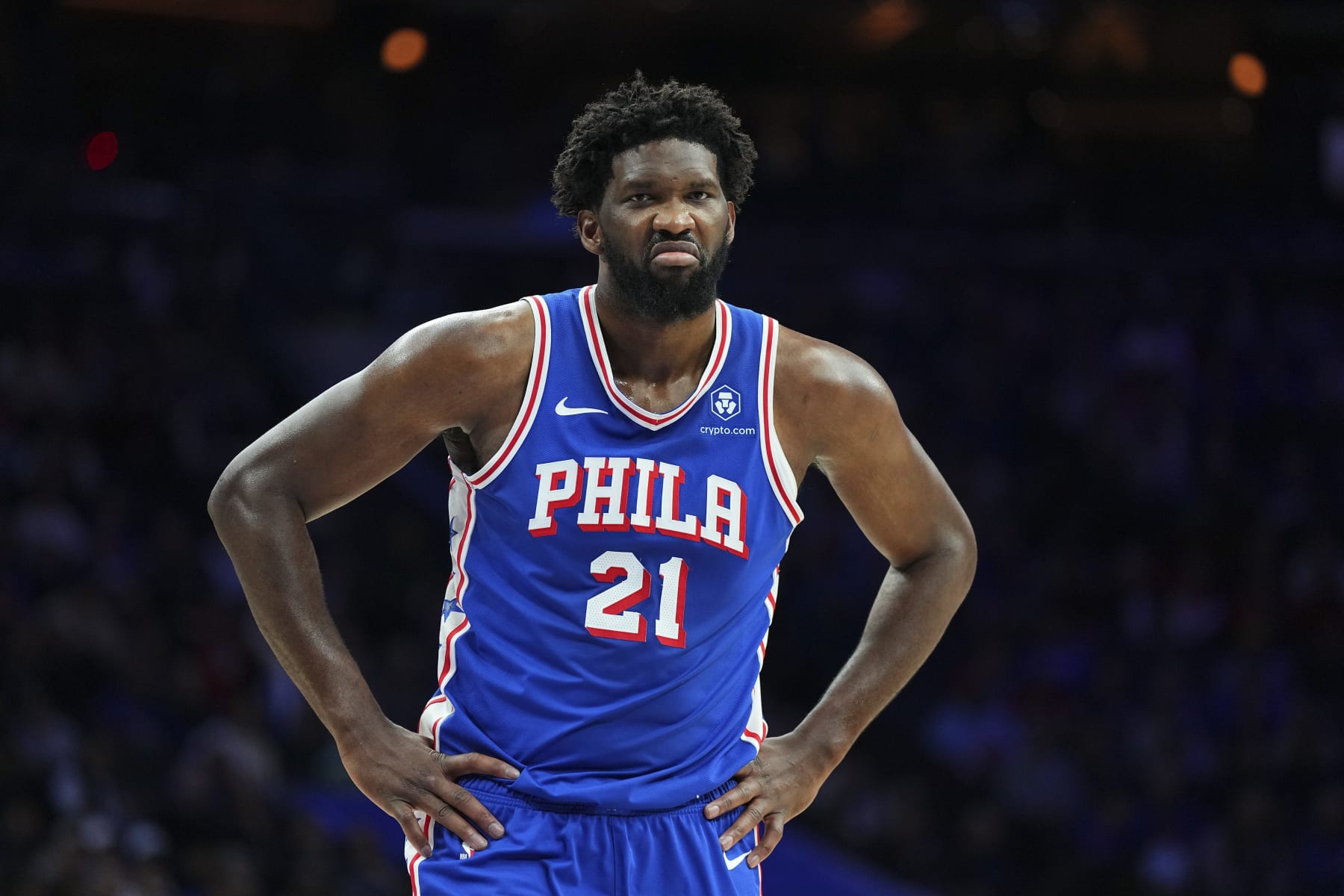 PHILADELPHIA, PENNSYLVANIA - JANUARY 2: Joel Embiid #21 of the Philadelphia 76ers reacts against the Chicago Bulls in the first quarter at the Wells Fargo Center on January 2, 2024 in Philadelphia, Pennsylvania. NOTE TO USER: User expressly acknowledges and agrees that, by downloading and or using this photograph, User is consenting to the terms and conditions of the Getty Images License Agreement. (Photo by Mitchell Leff/Getty Images)