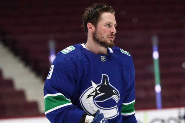 VANCOUVER, BC - MARCH 24: Vancouver Canucks Center J.T. Miller (9) warms up before playing the Winnipeg Jets during their NHL game at Rogers Arena on March 24, 2021 in Vancouver, British Columbia, Canada. (Photo by Devin Manky/Icon Sportswire via Getty Images)