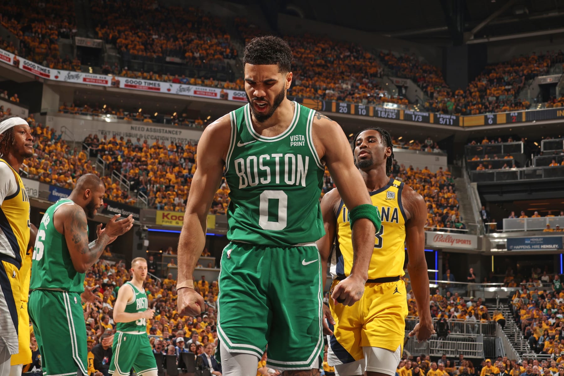 INDIANAPOLIS, IN - MAY 27: Jayson Tatum #0 of the Boston Celtics celebrates during the game against the Indiana Pacers during Game 4 of the Eastern Conference Finals of the 2024 NBA Playoffs on May 27, 2024 at Gainbridge Fieldhouse in Indianapolis, Indiana. NOTE TO USER: User expressly acknowledges and agrees that, by downloading and or using this Photograph, user is consenting to the terms and conditions of the Getty Images License Agreement. Mandatory Copyright Notice: Copyright 2024 NBAE (Photo by Nathaniel S. Butler/NBAE via Getty Images)