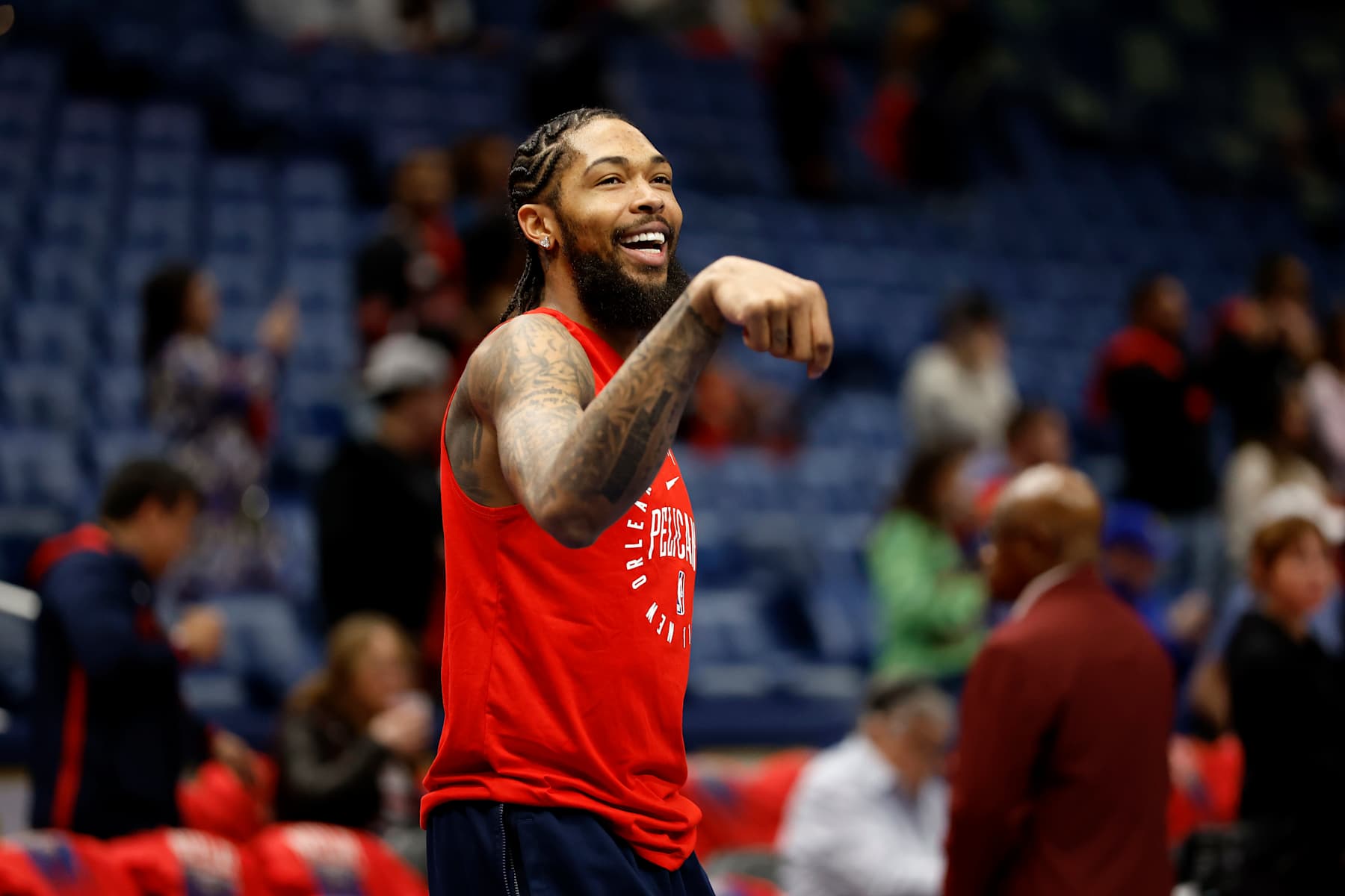 NEW ORLEANS, LOUISIANA - NOVEMBER 22: Brandon Ingram #14 of the New Orleans Pelicans warms up prior to a game against the Golden State Warriors in the Emirates NBA Cup at Smoothie King Center on November 22, 2024 in New Orleans, Louisiana. NOTE TO USER: User expressly acknowledges and agrees that, by downloading and or using this photograph, User is consenting to the terms and conditions of the Getty Images License Agreement. #Photo by Tyler Kaufman/Getty Images)