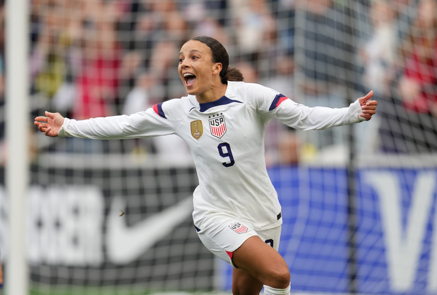 NASHVILLE, TN - FEBRUARY 19: Mallory Swanson #9 of the United States scores a goal and celebrates during the SheBelieves Cup game between Japan and USWNT at GEODIS Park on February 19, 2023 in Nashville, Tennessee. (Photo by Brad Smith/ISI Photos/Getty Images)