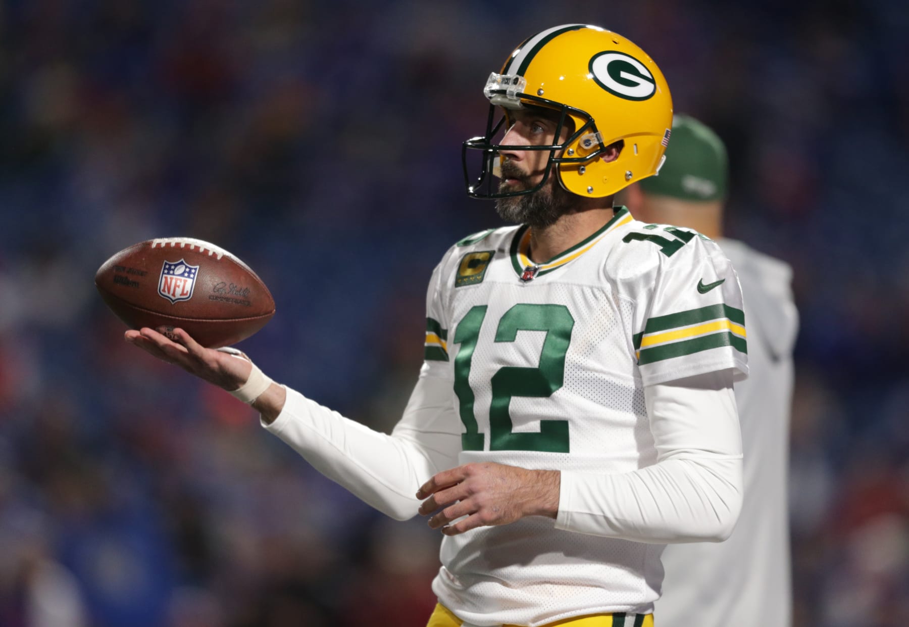 ORCHARD PARK, NEW YORK - OCTOBER 30: Aaron Rodgers #12 of the Green Bay Packers warms up prior to the game against the Buffalo Bills at Highmark Stadium on October 30, 2022 in Orchard Park, New York. (Photo by Joshua Bessex/Getty Images)