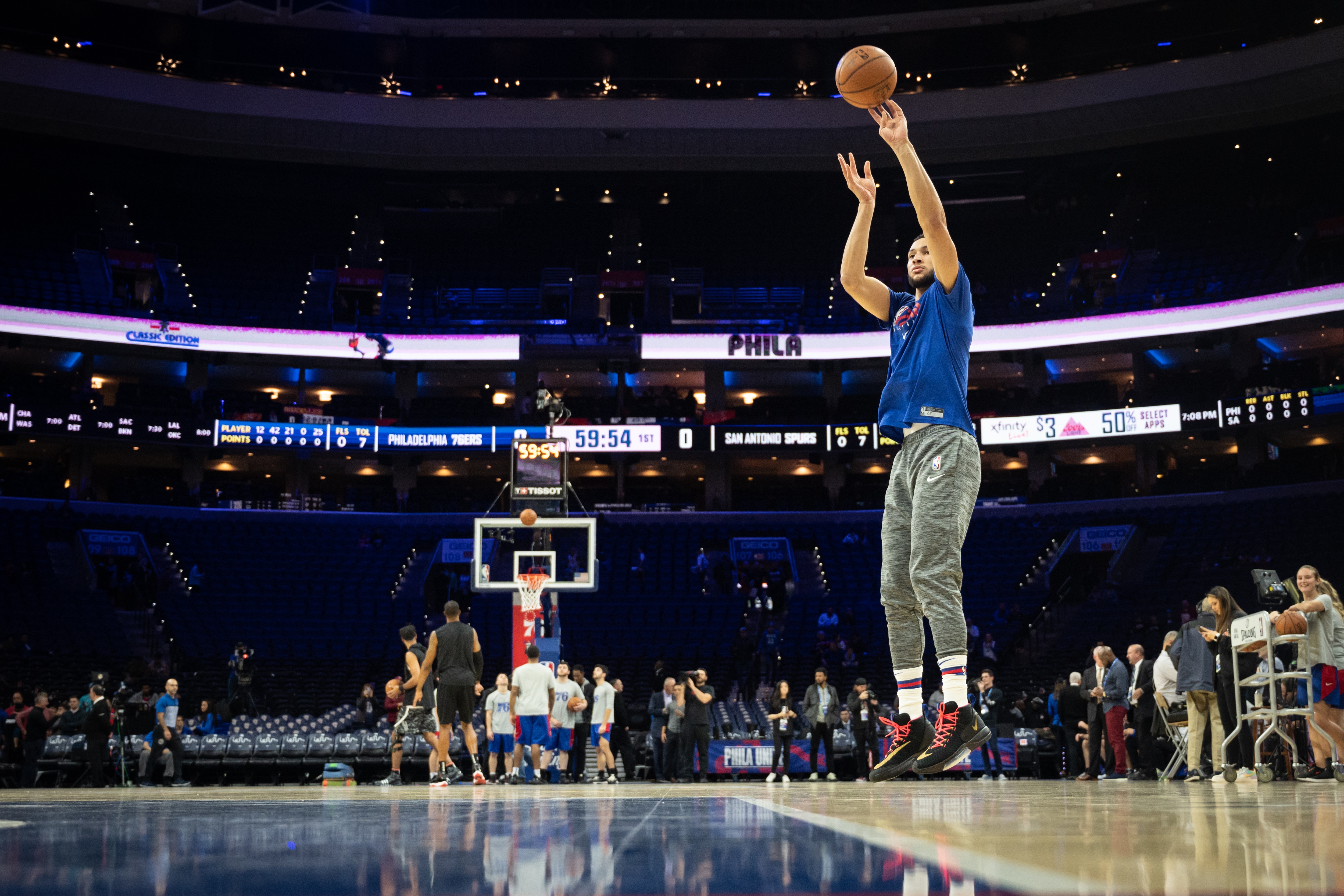 PHILADELPHIA, PA - NOVEMBER 22: Ben Simmons #25 of the Philadelphia 76ers takes jump shots during warmups before a game against the San Antonio Spurs at the Wells Fargo Center on November 22, 2019 in Philadelphia, Pennsylvania. NOTE TO USER: User expressly acknowledges and agrees that, by downloading and or using this photograph, User is consenting to the terms and conditions of the Getty Images License Agreement. (Photo by Cameron Pollack/Getty Images)