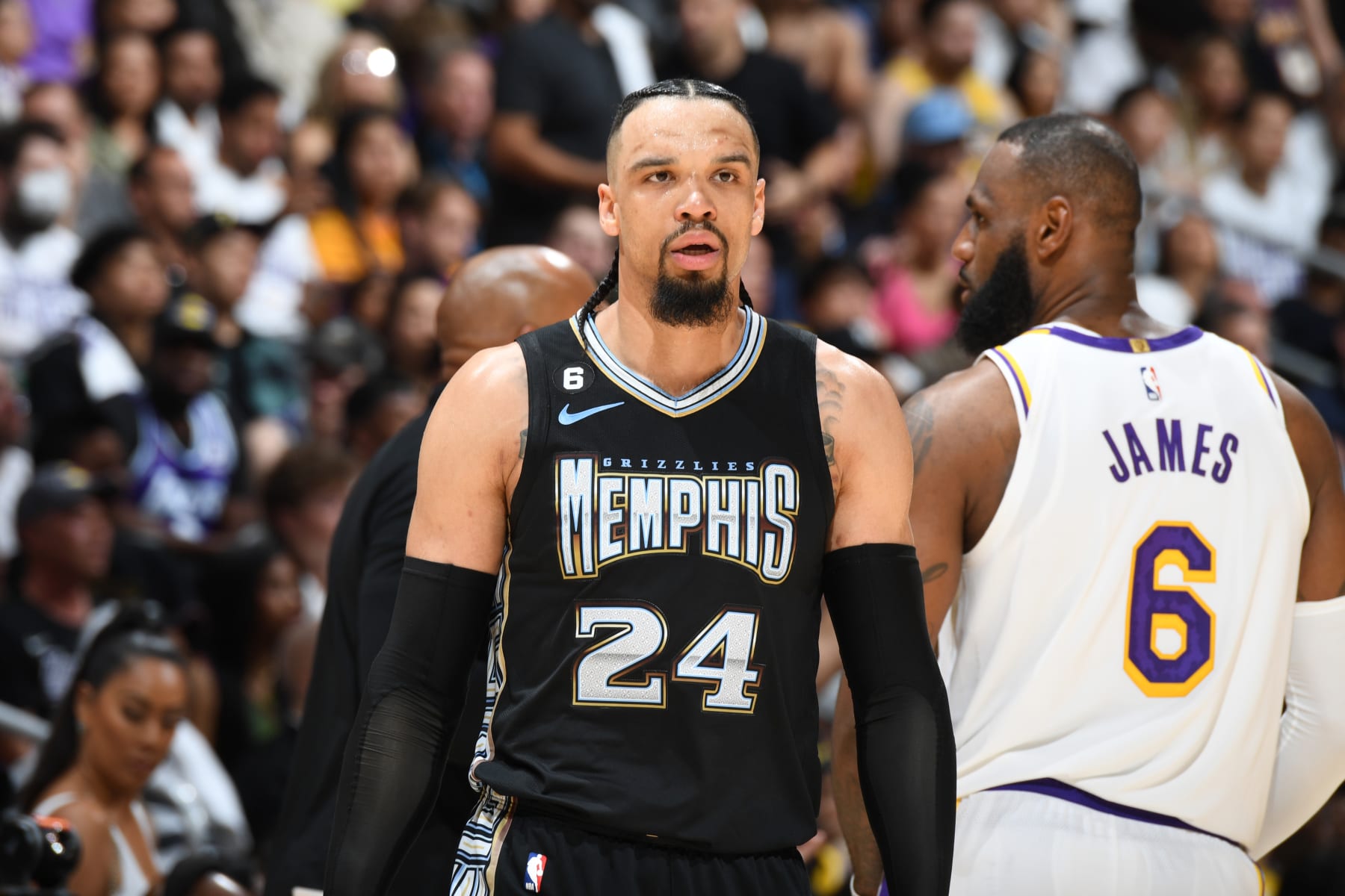 LOS ANGELES, CA - APRIL 22: Dillon Brooks #24 of the Memphis Grizzlies looks on during Round 1 Game 3 of the 2023 NBA Playoffs on APRIL 22, 2023 at Crypto.Com Arena in Los Angeles, California. NOTE TO USER: User expressly acknowledges and agrees that, by downloading and/or using this Photograph, user is consenting to the terms and conditions of the Getty Images License Agreement. Mandatory Copyright Notice: Copyright 2023 NBAE (Photo by Andrew D. Bernstein/NBAE via Getty Images)