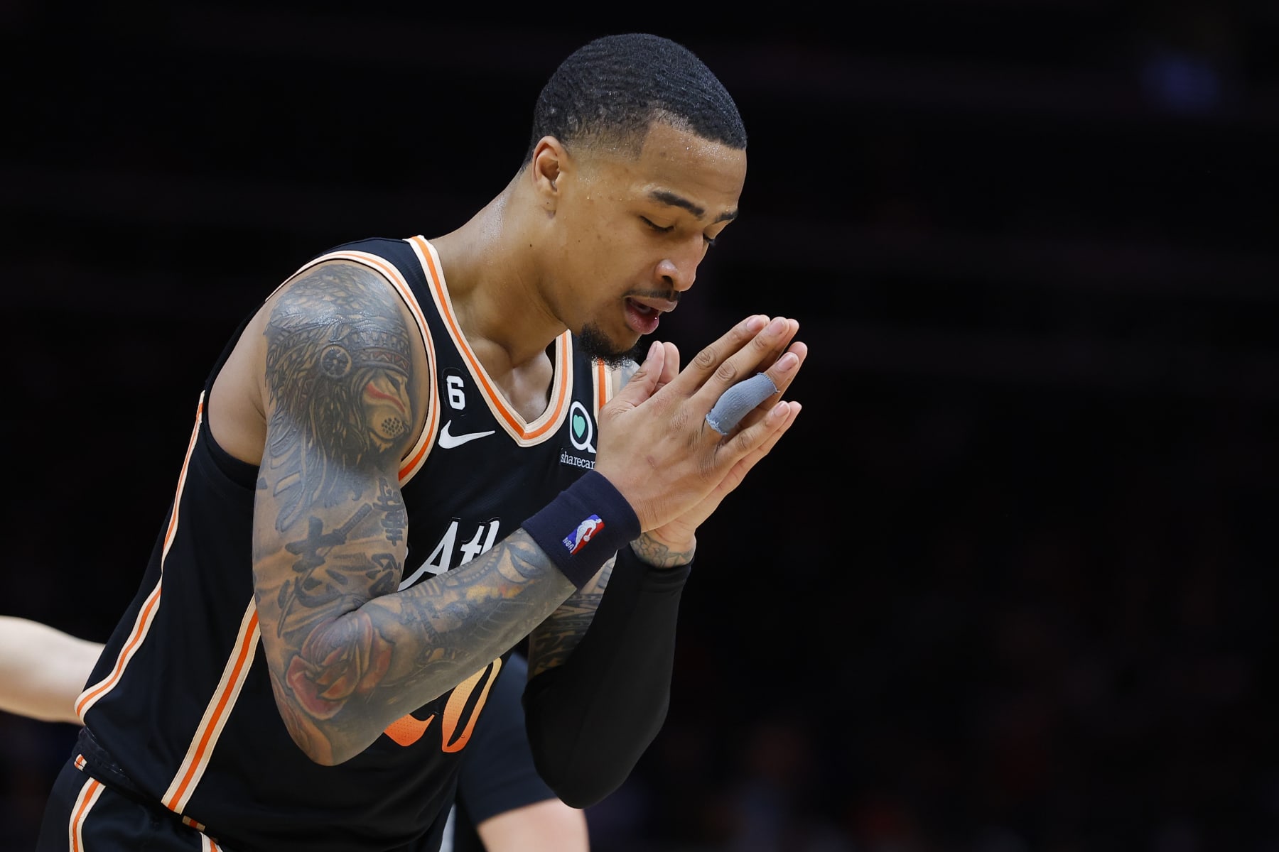 ATLANTA, GA - MARCH 17: John Collins #20 of the Atlanta Hawks reacts during the second half against the Golden State Warriors at State Farm Arena on March 17, 2023 in Atlanta, Georgia. NOTE TO USER: User expressly acknowledges and agrees that, by downloading and or using this photograph, User is consenting to the terms and conditions of the Getty Images License Agreement. (Photo by Todd Kirkland/Getty Images)