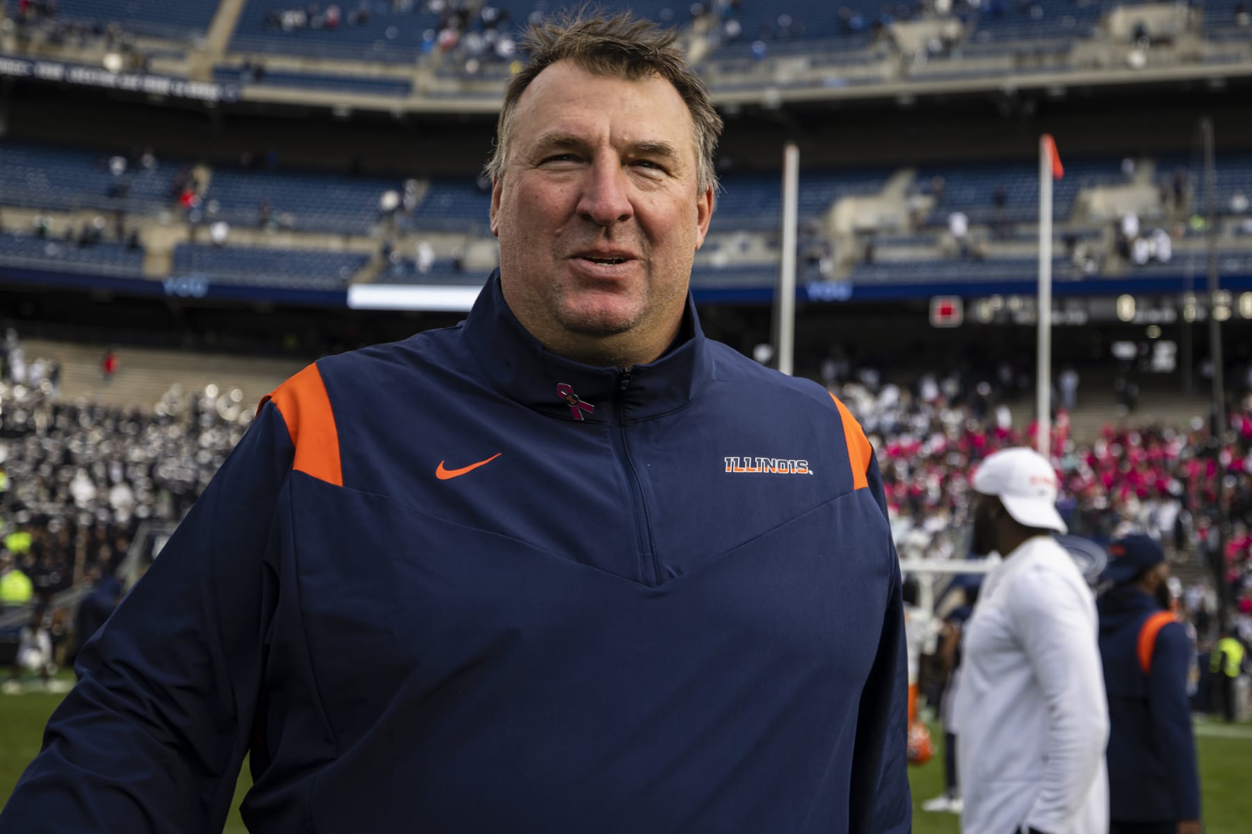 STATE COLLEGE, PA - OCTOBER 23: Head coach Bret Bielema of the Illinois Fighting Illini looks on after the ninth overtime of the game against the Penn State Nittany Lions at Beaver Stadium on October 23, 2021 in State College, Pennsylvania. (Photo by Scott Taetsch/Getty Images)