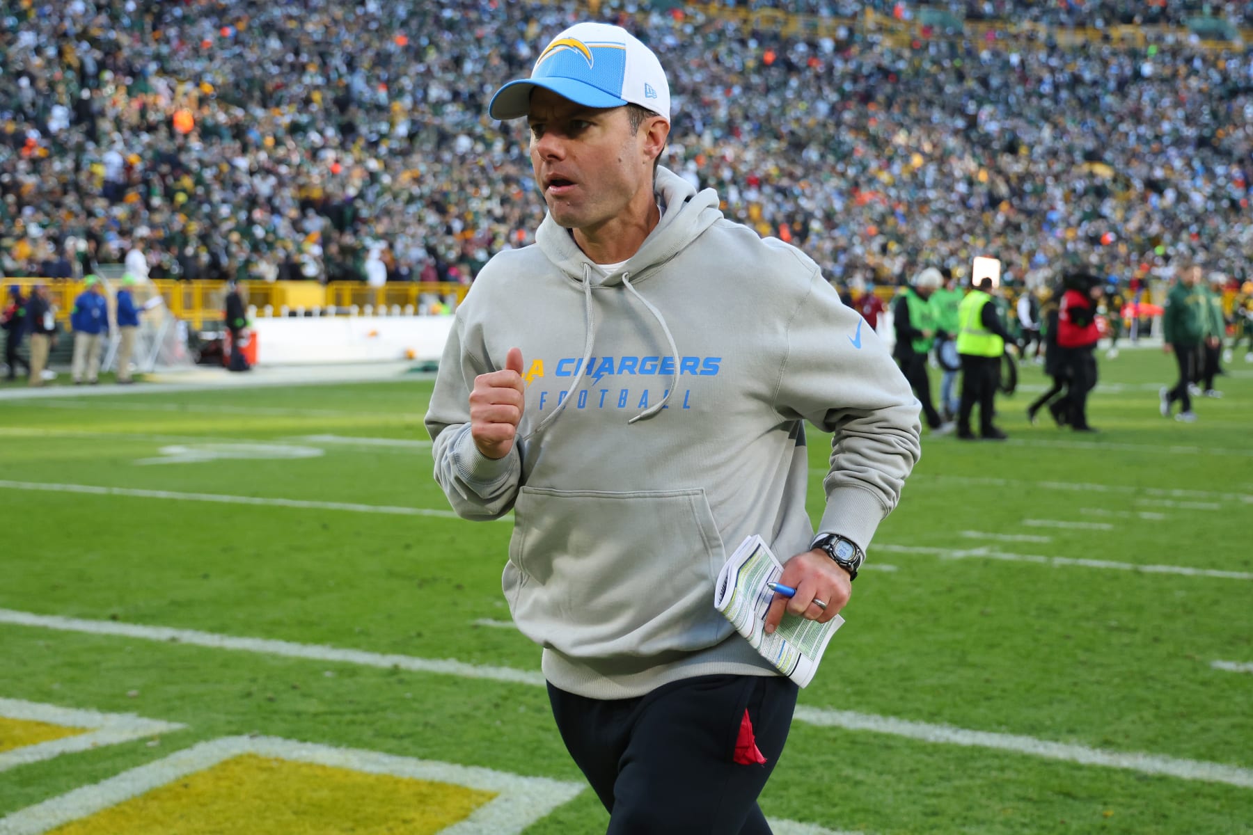 GREEN BAY, WISCONSIN - NOVEMBER 19: Head coach Brandon Staley of the Los Angeles Chargers walks off the field after losing to the Green Bay Packers 23-20 at Lambeau Field on November 19, 2023 in Green Bay, Wisconsin. (Photo by Stacy Revere/Getty Images)