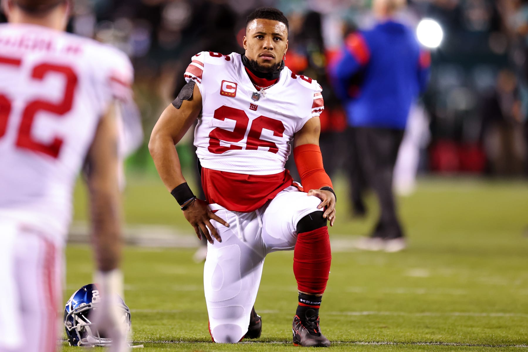 PHILADELPHIA, PENNSYLVANIA - JANUARY 21: Saquon Barkley #26 of the New York Giants looks on prior to a game against the Philadelphia Eagles in the NFC Divisional Playoff game at Lincoln Financial Field on January 21, 2023 in Philadelphia, Pennsylvania. (Photo by Tim Nwachukwu/Getty Images)