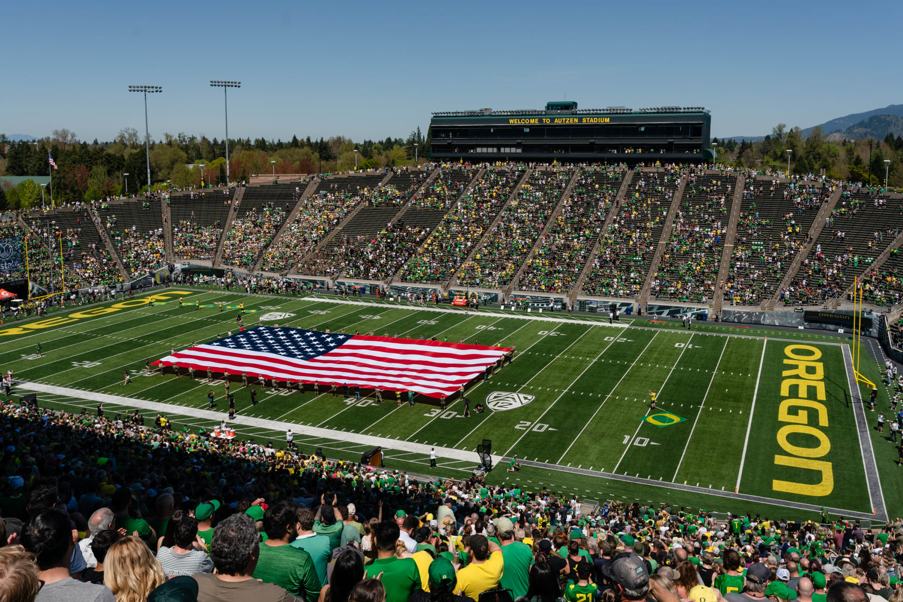 EUGENE, OR - APRIL 29: Fans gather for the annual Oregon Ducks Spring Football Game at Autzen Stadium on April 29, 2023 in Eugene, Oregon. (Photo by Ali Gradischer/Getty Images)