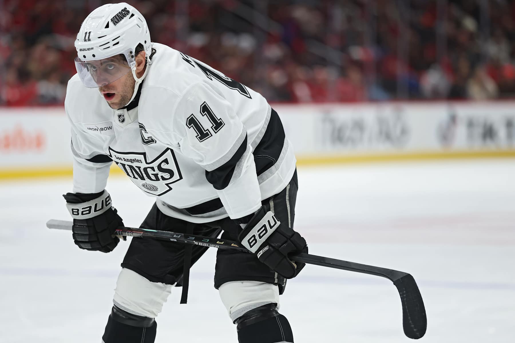 WASHINGTON, DC - DECEMBER 22: Anze Kopitar #11 of the Los Angeles Kings looks on against the Washington Capitals during the first period at Capital One Arena on December 22, 2024 in Washington, DC. (Photo by Patrick Smith/Getty Images)