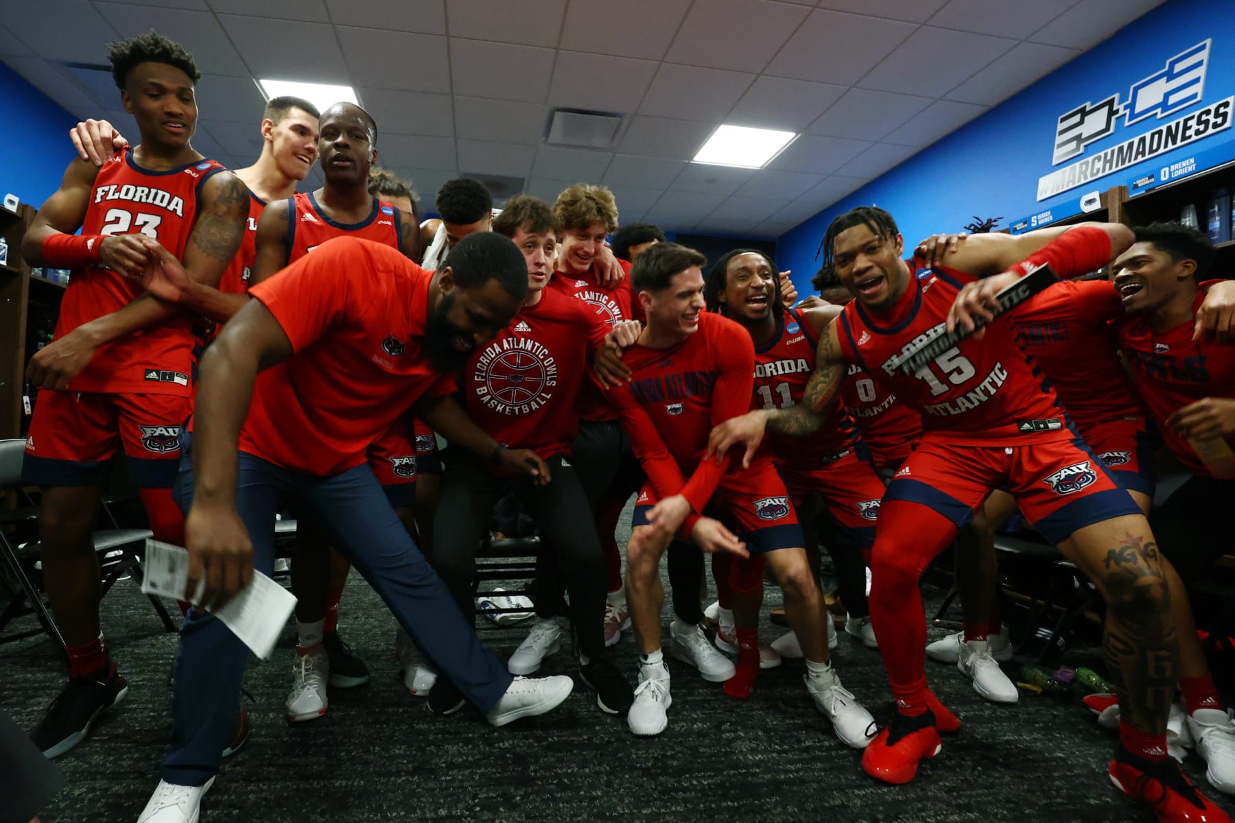 COLUMBUS, OH - MARCH 17: Players from the Florida Atlantic Owls celebrate their win over the Memphis Tigers during the first round of the 2022 NCAA Men's Basketball Tournament held at Nationwide Arena on March 17, 2023 in Columbus, Ohio. (Photo by Tyler Schank/NCAA Photos via Getty Images)