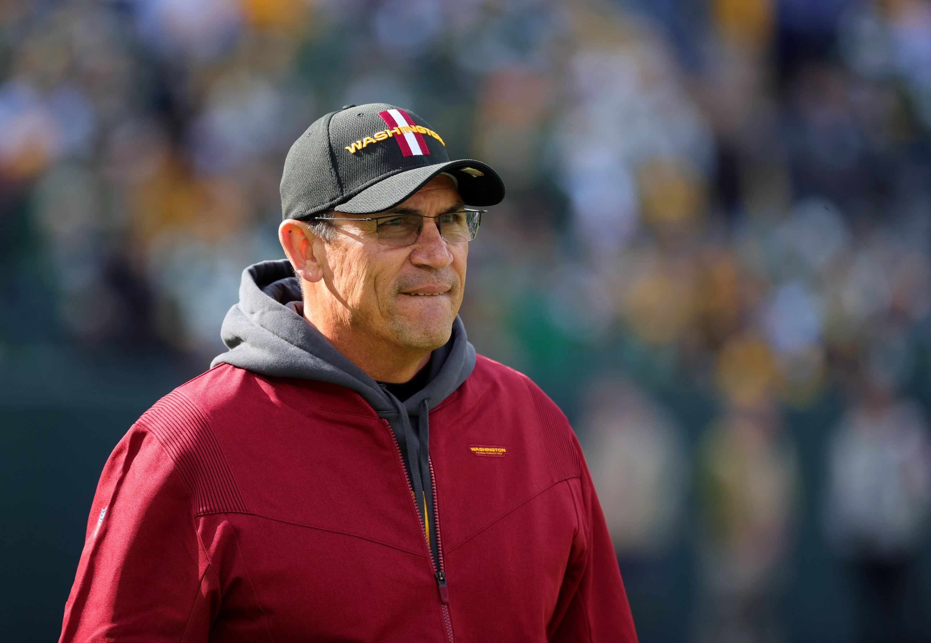 GREEN BAY, WISCONSIN - OCTOBER 24: Head coach Ron Rivera of the Washington Football Team looks on before the game against the Green Bay Packers at Lambeau Field on October 24, 2021 in Green Bay, Wisconsin. (Photo by Stacy Revere/Getty Images)
