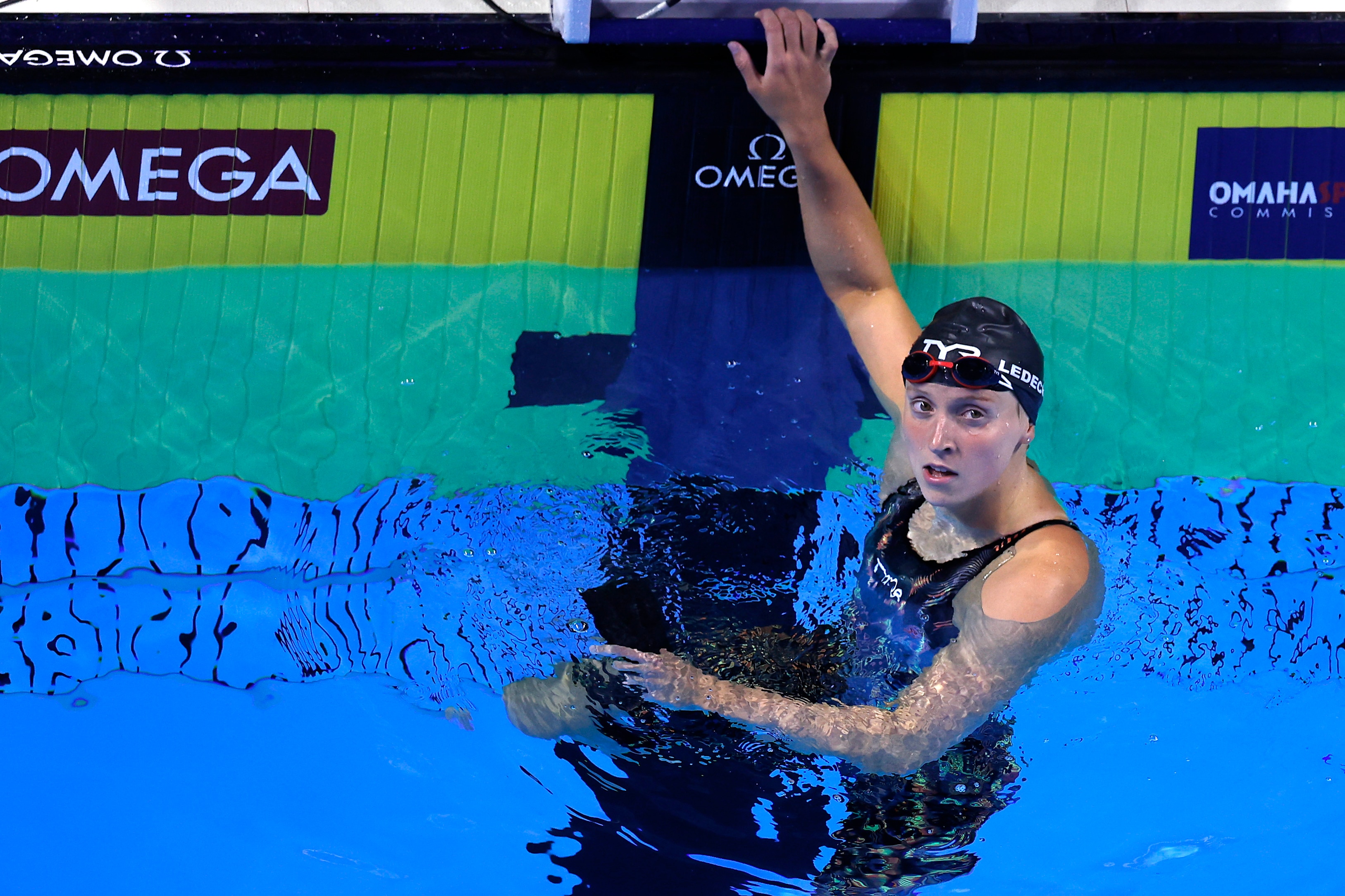 OMAHA, NEBRASKA - JUNE 14: Katie Ledecky of the United States reacts after competing in a preliminary heat for the Women’s 400m freestyle during Day Two of the 2021 U.S. Olympic Team Swimming Trials at CHI Health Center on June 14, 2021 in Omaha, Nebraska. (Photo by Al Bello/Getty Images)