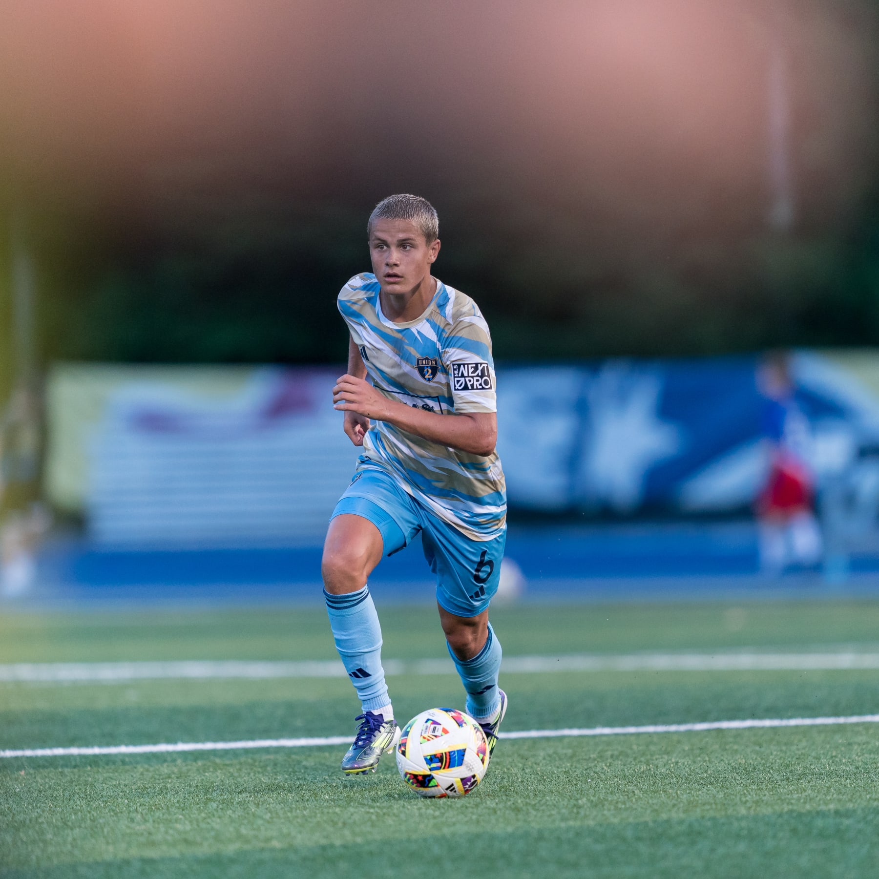 HOOKSETT, NEW HAMPSHIRE - JULY 6: Cavan Sullivan #6 of Philadelphia Union II brings the ball forward during a game between Philadelphia Union II and New England Revolution II at Mark A. Ouellette Stadium on July 6, 2024 in Hooksett, New Hampshire. (Photo by Andrew Katsampes/ISI Photos/Getty Images)
