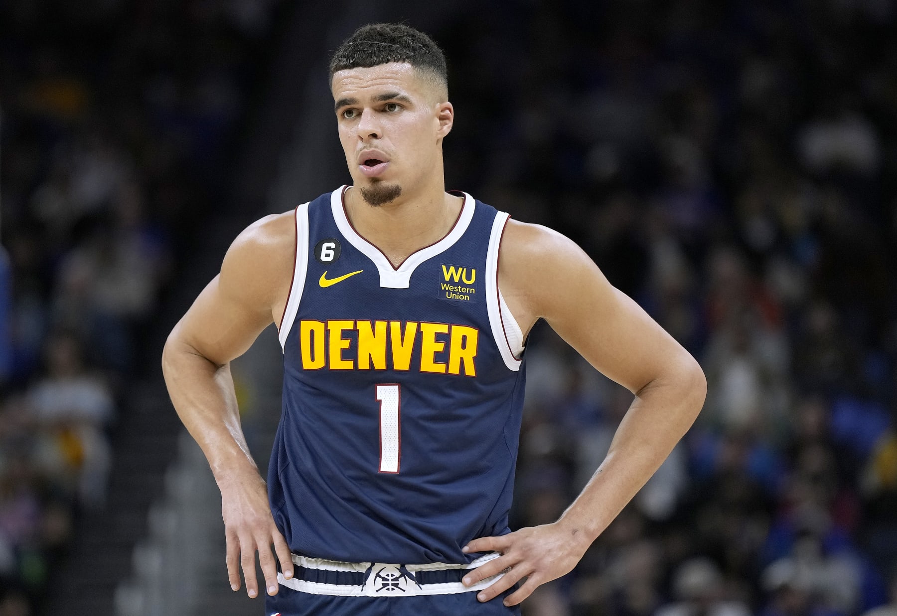 SAN FRANCISCO, CALIFORNIA - OCTOBER 14: Michael Porter Jr. #1 of the Denver Nuggets looks on against the Golden State Warriors during the second half of an NBA basketball game at Chase Center on October 14, 2022 in San Francisco, California. NOTE TO USER: User expressly acknowledges and agrees that, by downloading and or using this photograph, User is consenting to the terms and conditions of the Getty Images License Agreement. (Photo by Thearon W. Henderson/Getty Images)