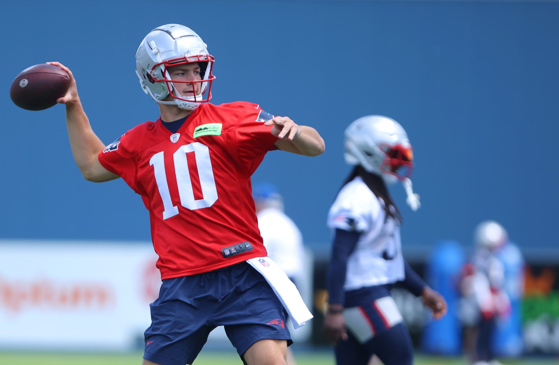 Foxborough, MA - June 10: New England Patriots quarterback Drake Maye passed during Patriots mini camp at Gillette Stadium. (Photo by Jessica Rinaldi/The Boston Globe via Getty Images)