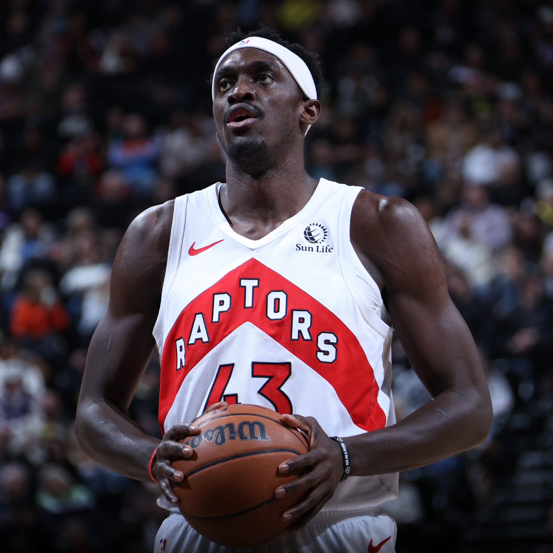 SALT LAKE CITY, UT - JANUARY 12: Pascal Siakam #43 of the Toronto Raptors prepares to shoot a free throw during the game against the Utah Jazz on January 12, 2024 at Delta Center in Salt Lake City, Utah. NOTE TO USER: User expressly acknowledges and agrees that, by downloading and or using this Photograph, User is consenting to the terms and conditions of the Getty Images License Agreement. Mandatory Copyright Notice: Copyright 2024 NBAE (Photo by Melissa Majchrzak/NBAE via Getty Images)