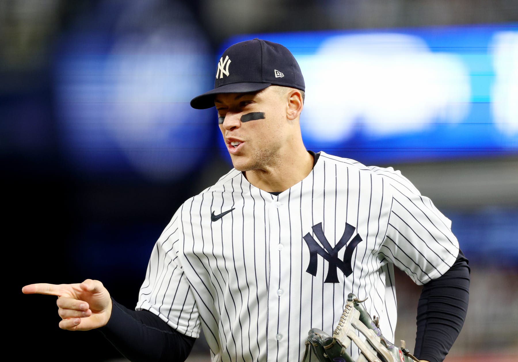 NEW YORK, NEW YORK - SEPTEMBER 30:  Aaron Judge #99 of the New York Yankees reacts as he comes in from the outfield in the first inning against the Baltimore Orioles at Yankee Stadium on September 30, 2022 in the Bronx borough of New York City. (Photo by Elsa/Getty Images)
