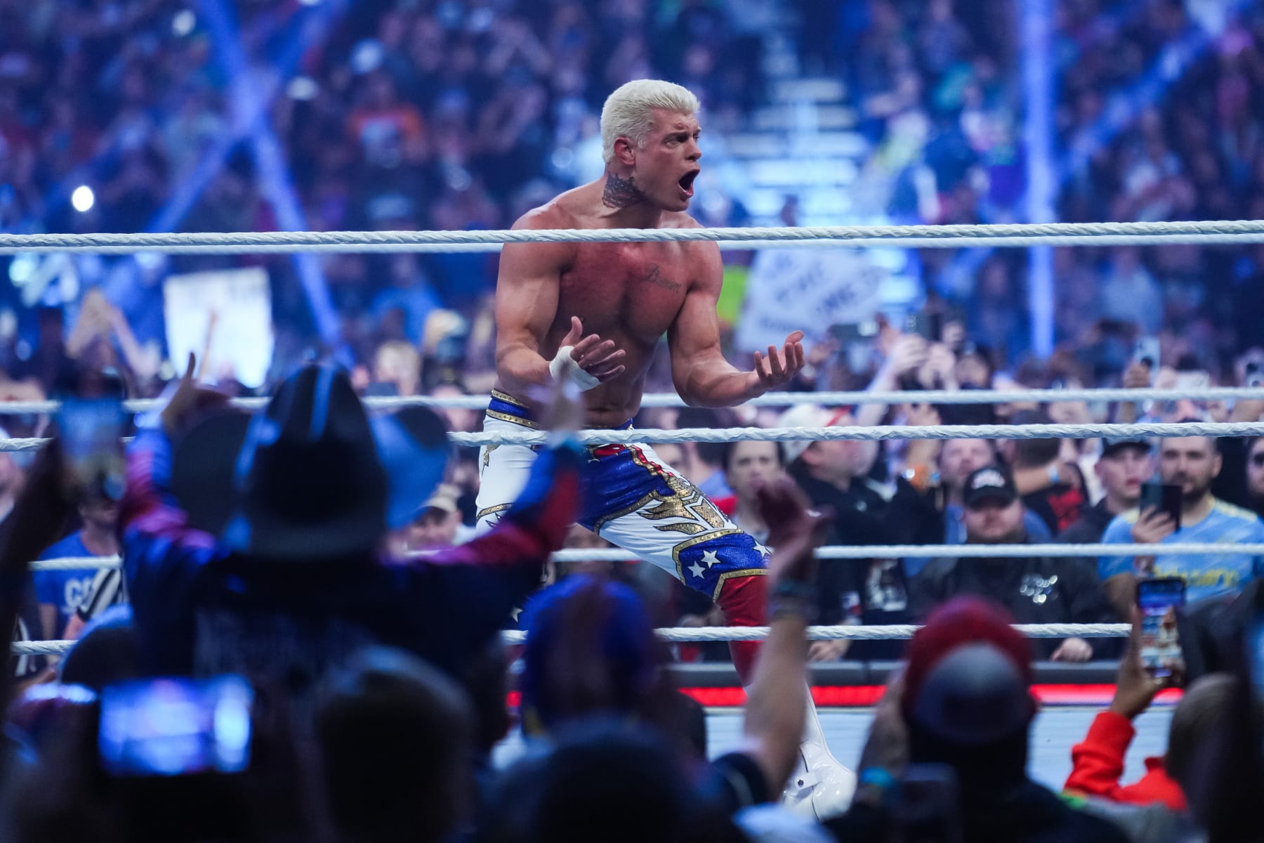 SAN ANTONIO, TEXAS - JANUARY 28: Cody Rhodes reacts after winning the WWE Royal Rumble at Alamodome on January 28, 2023 in San Antonio, Texas. (Photo by Alex Bierens de Haan/Getty Images)
