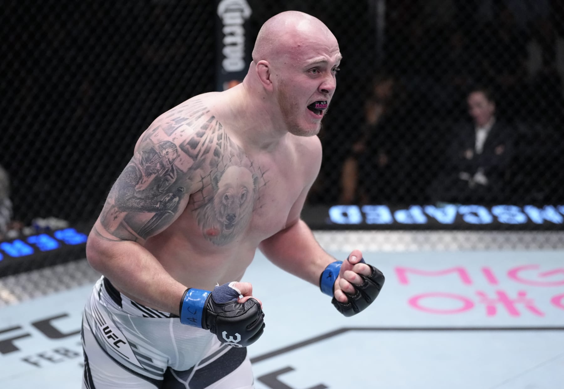 LAS VEGAS, NEVADA - FEBRUARY 04: Serghei Spivac of Moldova reacts after his submission victory over Derrick Lewis in a heavyweight fight during the UFC Fight Night event at UFC APEX on February 04, 2023 in Las Vegas, Nevada. (Photo by Jeff Bottari/Zuffa LLC via Getty Images)