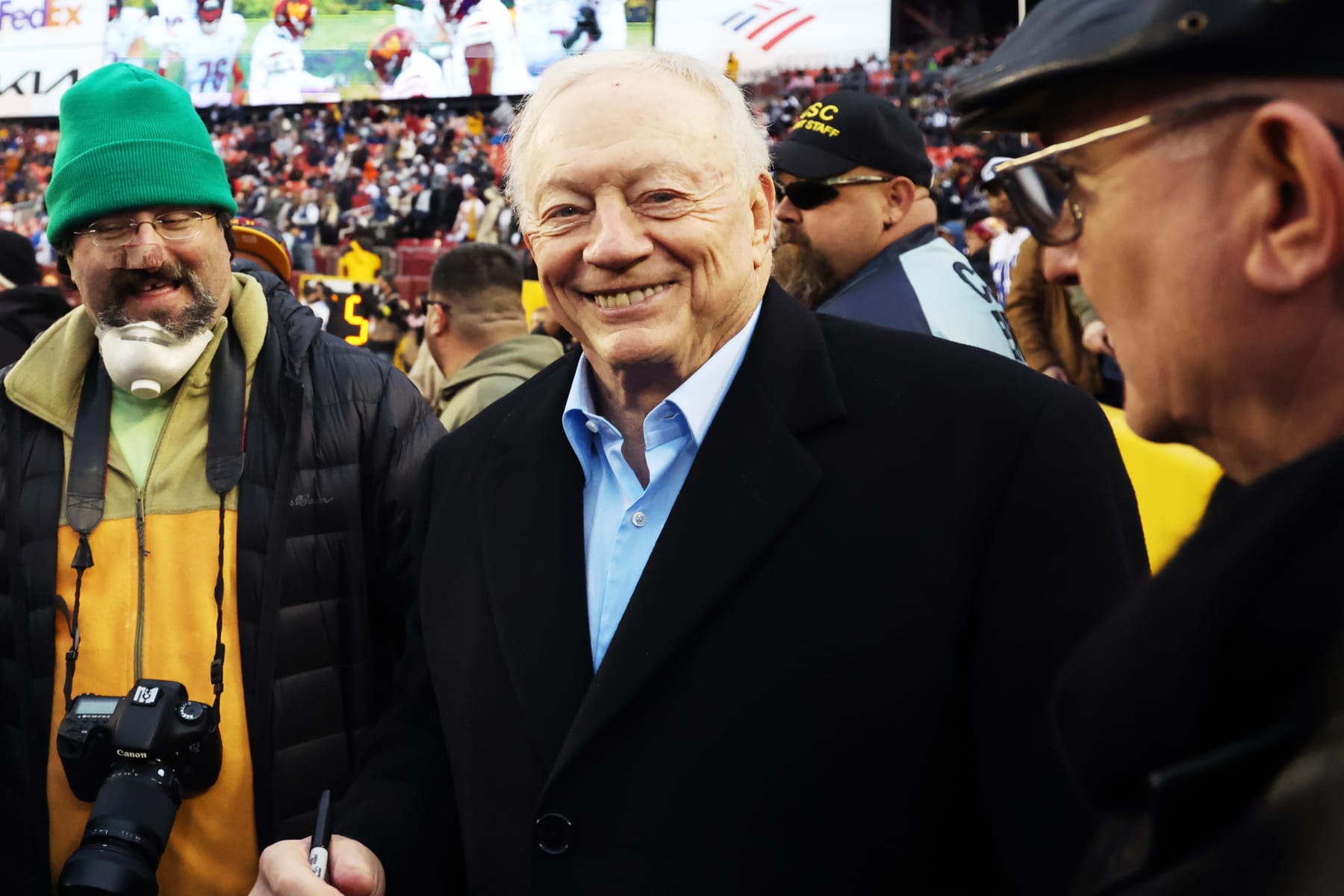 LANDOVER, MARYLAND - JANUARY 08: Dallas Cowboys owner Jerry Jones poses for a photo prior to the game against the Washington Commanders at FedExField on January 08, 2023 in Landover, Maryland. (Photo by Rob Carr/Getty Images)