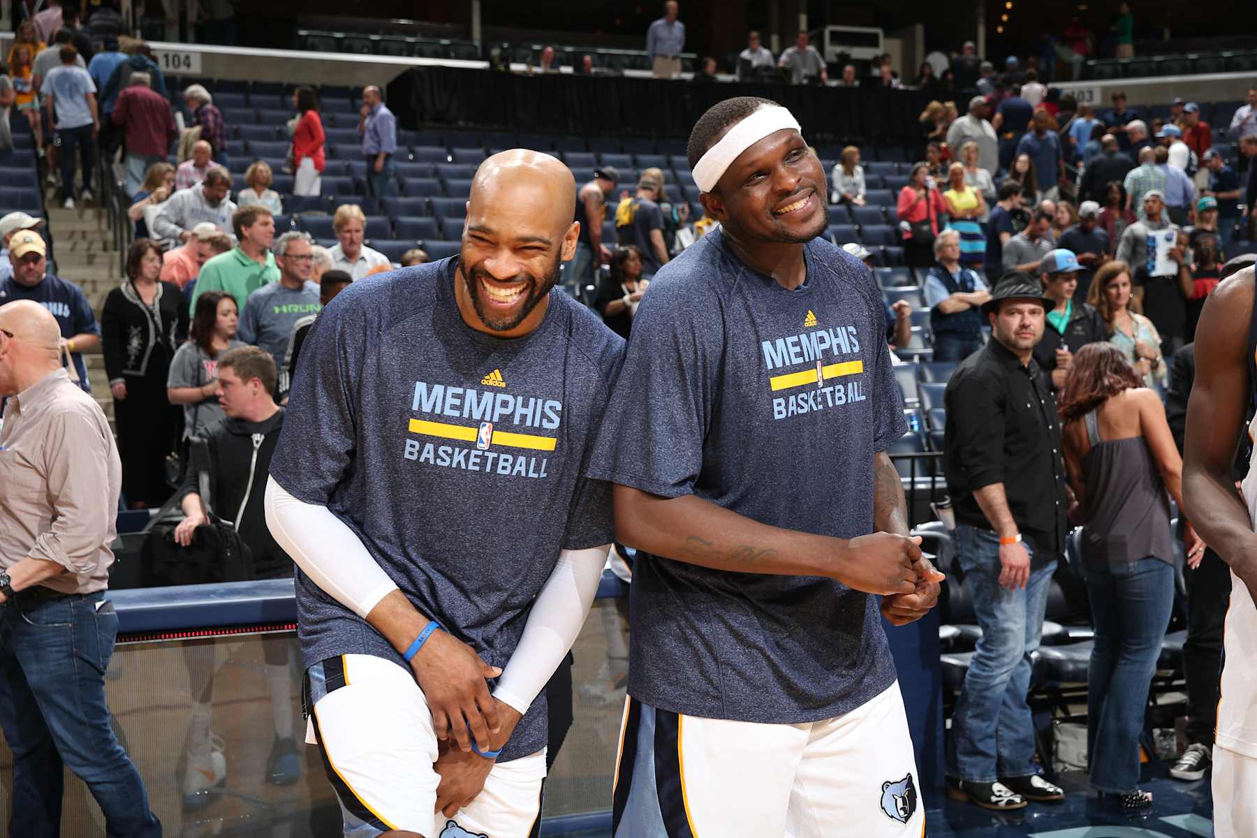 MEMPHIS, TN - APRIL 15: Vince Carter #15 and Zach Randolph #50 of the Memphis Grizzlies laugh after a game against the Indiana Pacers on April 15, 2015 at FedExForum in Memphis, Tennessee. NOTE TO USER: User expressly acknowledges and agrees that, by downloading and or using this photograph, User is consenting to the terms and conditions of the Getty Images License Agreement. Mandatory Copyright Notice: Copyright 2015 NBAE (Photo by Joe Murphy/NBAE via Getty Images)