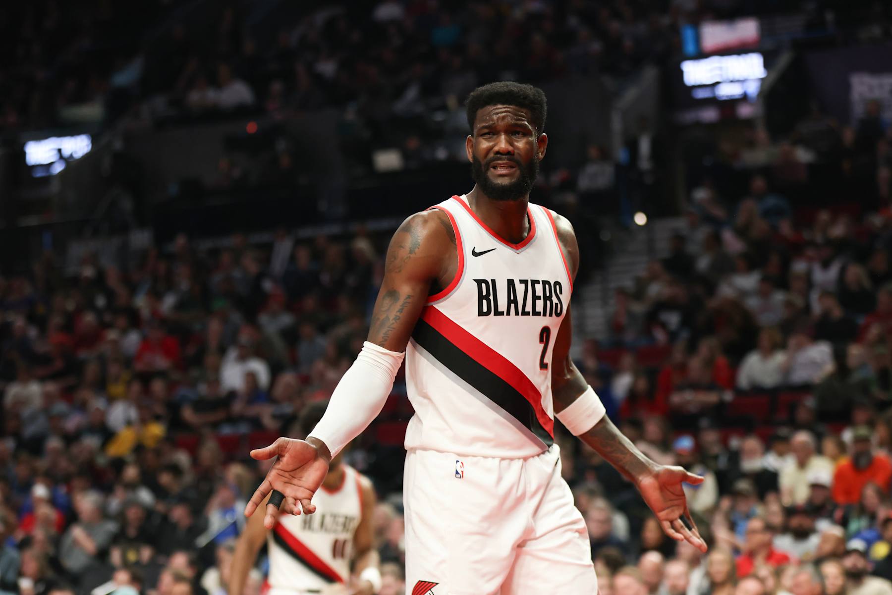PORTLAND, OREGON - APRIL 11: Deandre Ayton #2 of the Portland Trail Blazers reacts to a call during the second quarter against the Golden State Warriors at Moda Center on April 11, 2024 in Portland, Oregon. NOTE TO USER: User expressly acknowledges and agrees that, by downloading and or using this photograph, User is consenting to the terms and conditions of the Getty Images License Agreement.  (Photo by Amanda Loman/Getty Images)