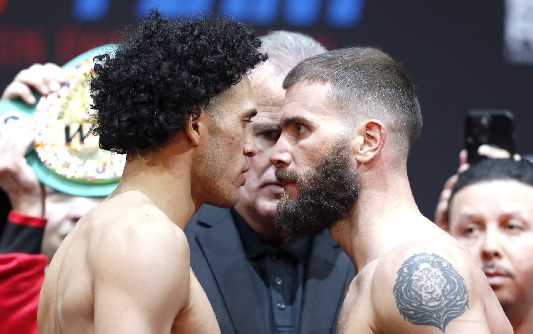 LAS VEGAS, NEVADA - MARCH 24: Super middleweight boxers David Benavidez (L) and Caleb Plant face off during an official weigh-in at MGM Grand Hotel & Casino on March 24, 2023 in Las Vegas, Nevada. The boxers will fight for Benavidez's WBC interim super middleweight title at MGM Garden Arena in Las Vegas Saturday, March 25, 2023. (Photo by Steve Marcus/Getty Images)
