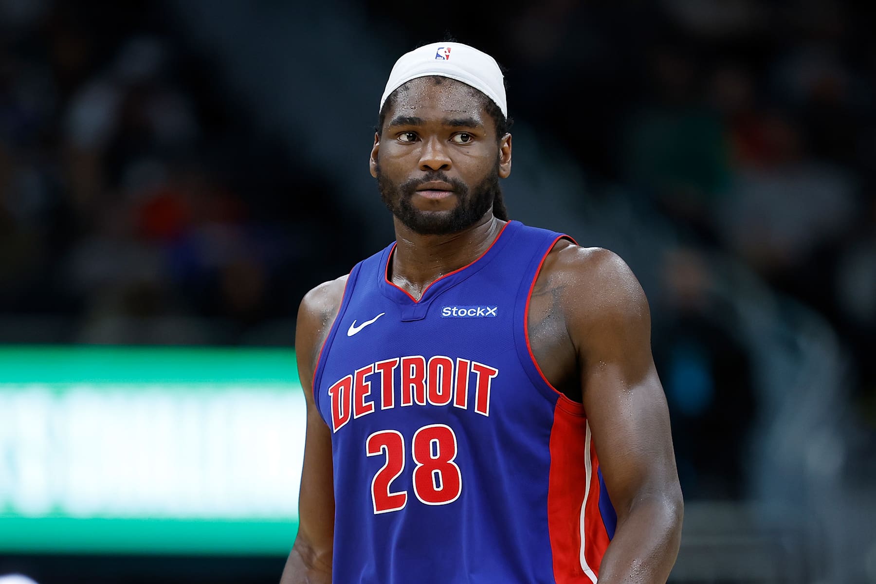 MILWAUKEE, WISCONSIN - NOVEMBER 13: Isaiah Stewart #28 of the Detroit Pistons walks down court during the game against the Milwaukee Bucks at Fiserv Forum on November 13, 2024 in Milwaukee, Wisconsin. NOTE TO USER: User expressly acknowledges and agrees that, by downloading and or using this photograph, User is consenting to the terms and conditions of the Getty Images License Agreement. (Photo by John Fisher/Getty Images)