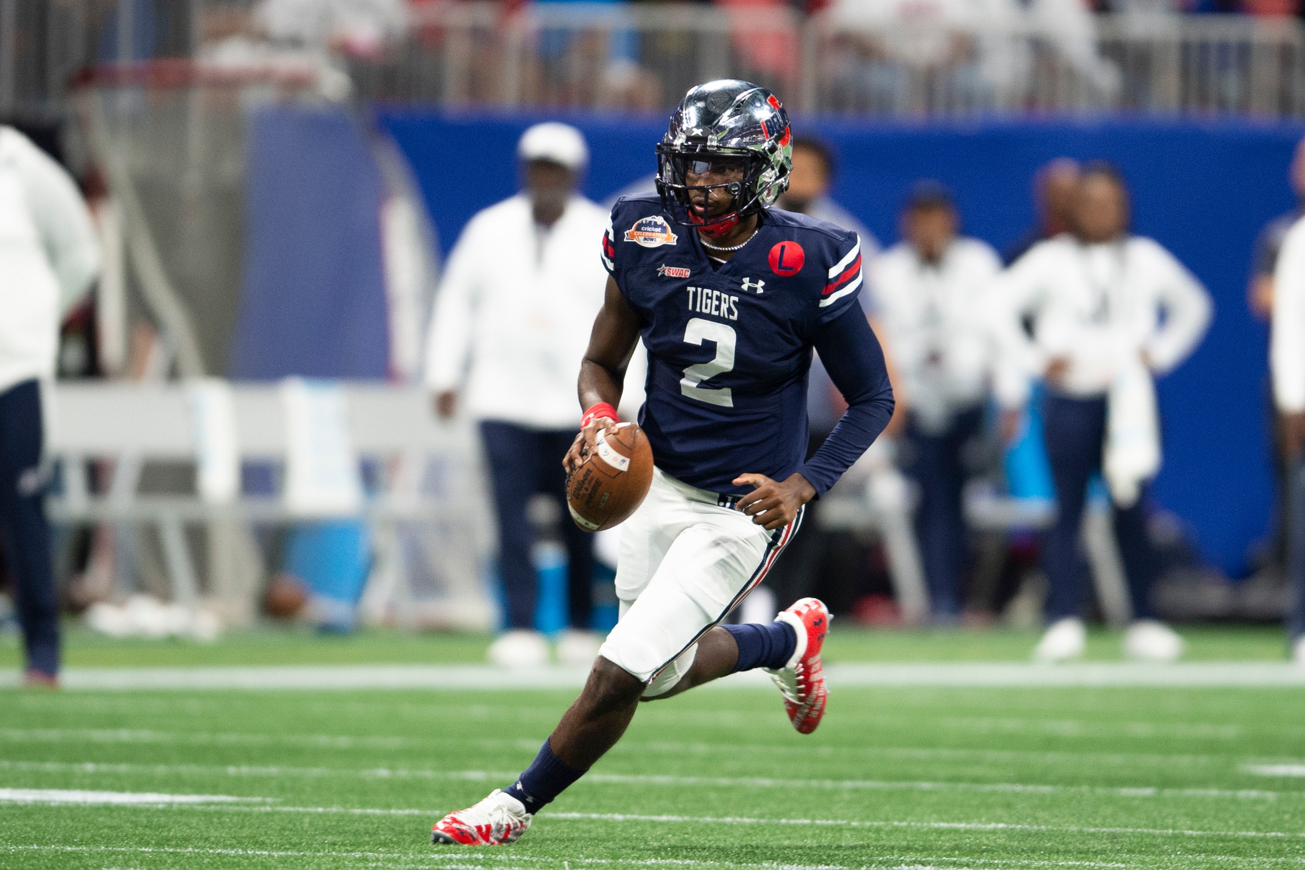 Jackson State quarterback Shedeur Sanders (2) is shown during the first half of the Cricket Celebration Bowl NCAA college football game against the South Carolina State Saturday, Dec. 18, 2021, in Atlanta. (AP Photo/Hakim Wright Sr.)