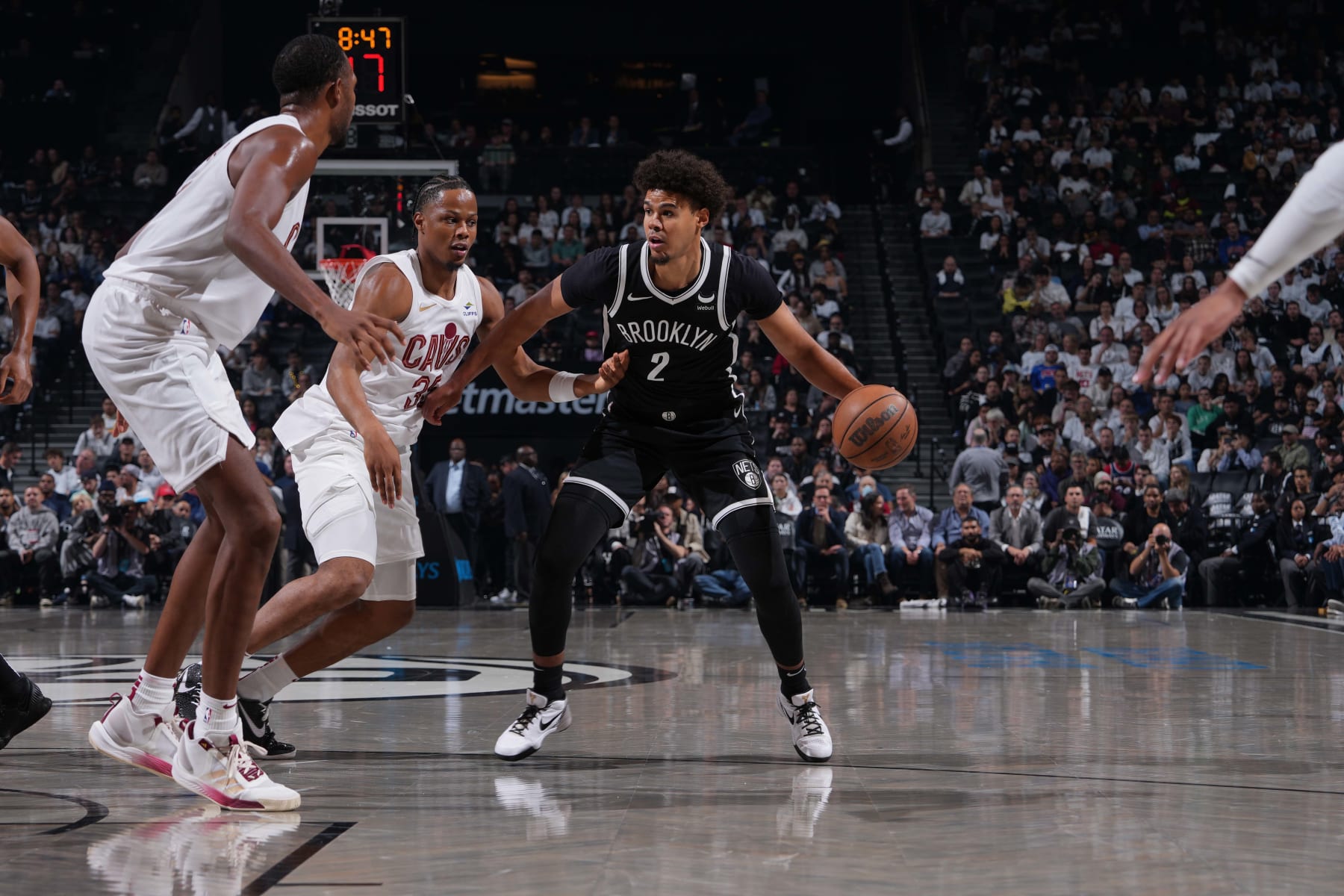 Brooklyn, NY - OCTOBER 25: Cameron Johnson #2 of the Brooklyn Nets dribbles the ball during the game against the Cleveland Cavaliers on October 25, 2023 at the Barclays Center in Brooklyn, New York NOTE TO USER: User expressly acknowledges and agrees that, by downloading and/or using this Photograph, user is consenting to the terms and conditions of the Getty Images License Agreement. Mandatory Copyright Notice: Copyright 2023 NBAE (Photo by Jesse D. Garrabrant/NBAE via Getty Images)
