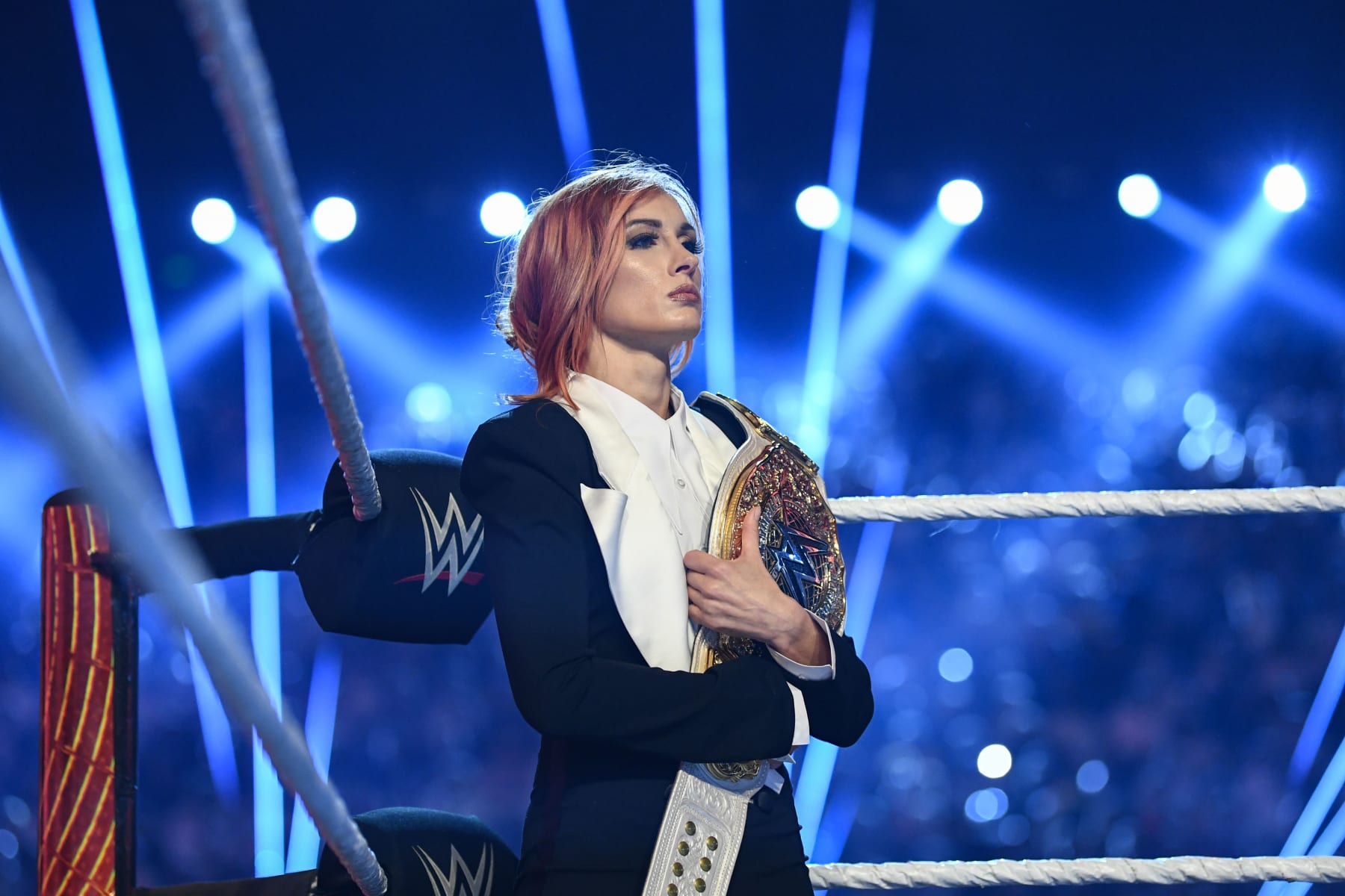 JEDDAH, SAUDI ARABIA - MAY 25: Becky Lynch looks on during King and Queen of the Ring at Jeddah Superdome on May 25, 2024 in Jeddah, Saudi Arabia.  (Photo by WWE/Getty Images)