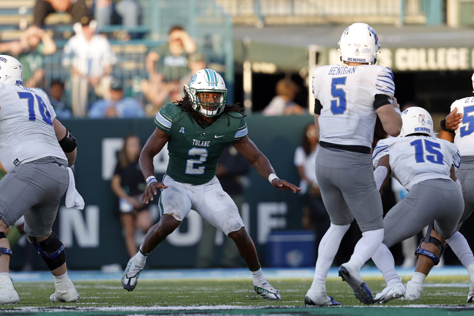 Tulane linebacker Dorian Williams (2) during the second half of an NCAA college football game against Memphis in New Orleans, Saturday, Oct. 22, 2022. Tulane won 38-28. (AP Photo/Tyler Kaufman)