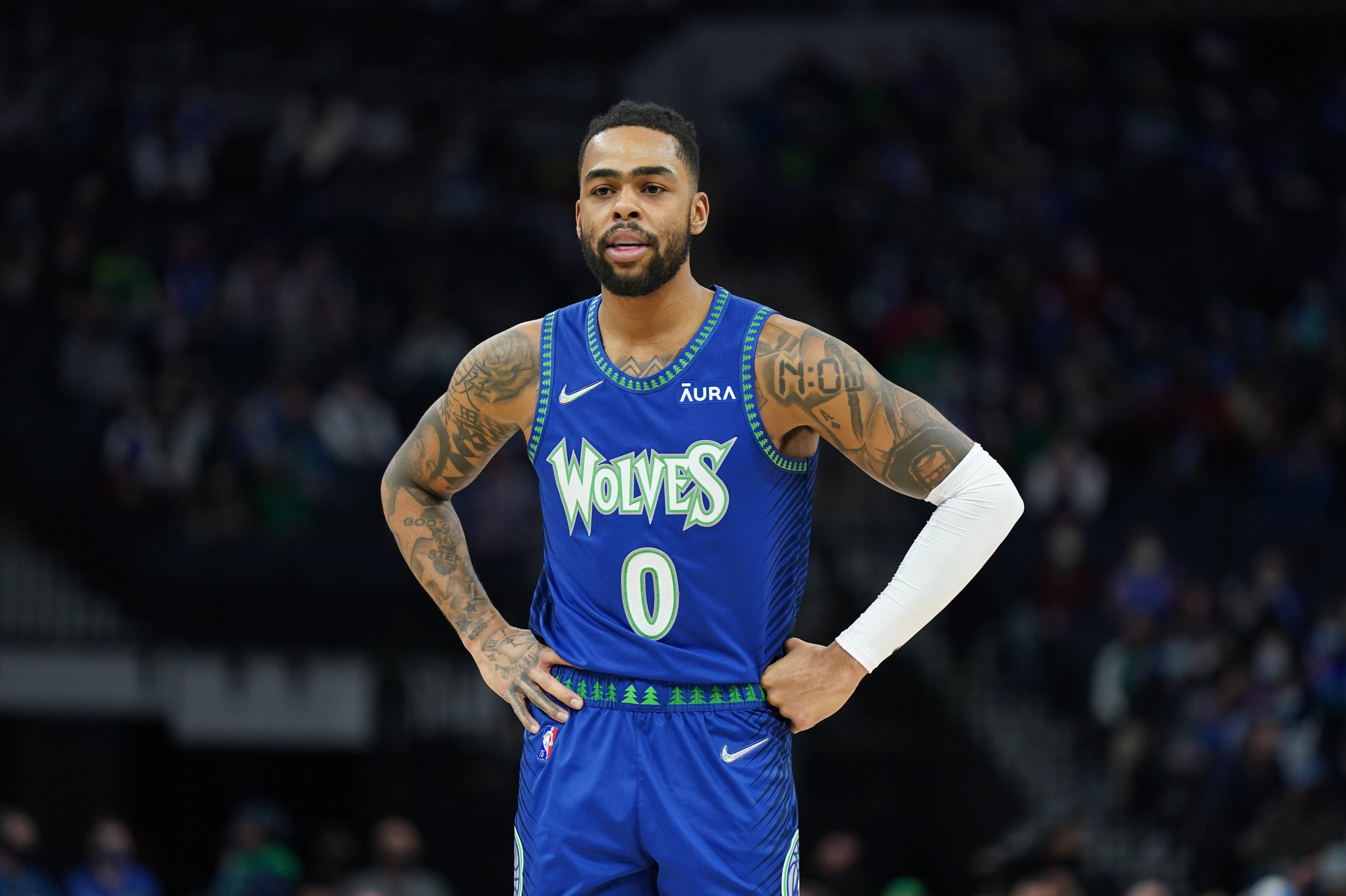 MINNEAPOLIS, MN -  JANUARY 23: D'Angelo Russell #0 of the Minnesota Timberwolves looks on during the game against the Brooklyn Nets on January 23, 2022 at Target Center in Minneapolis, Minnesota. NOTE TO USER: User expressly acknowledges and agrees that, by downloading and or using this Photograph, user is consenting to the terms and conditions of the Getty Images License Agreement. Mandatory Copyright Notice: Copyright 2022 NBAE (Photo by Jordan Johnson/NBAE via Getty Images)