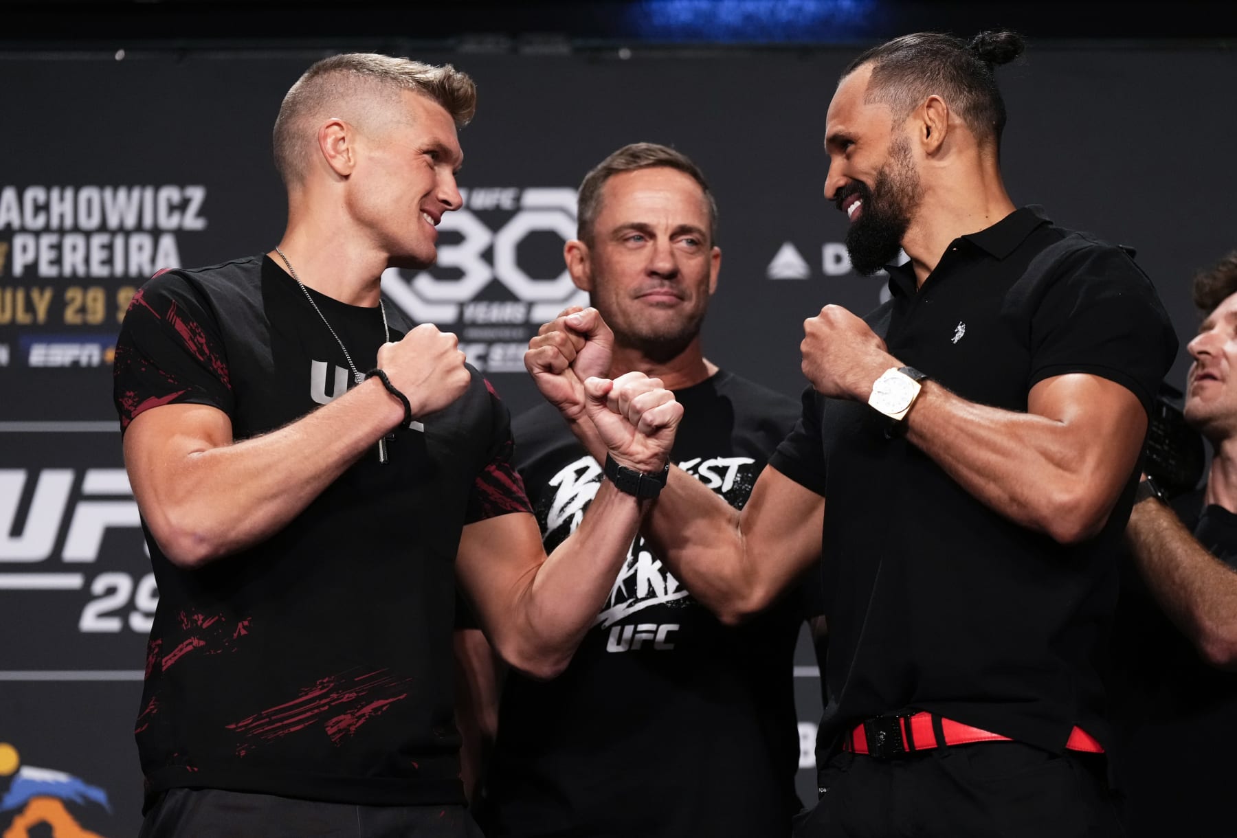 SALT LAKE CITY, UTAH - JULY 27: (L-R) Opponents Stephen Thompson and Michel Pereira of Brazil face off during the UFC 291 press conference at Salt Palace Convention Center on July 27, 2023 in Salt Lake City, Utah. (Photo by Jeff Bottari/Zuffa LLC via Getty Images)