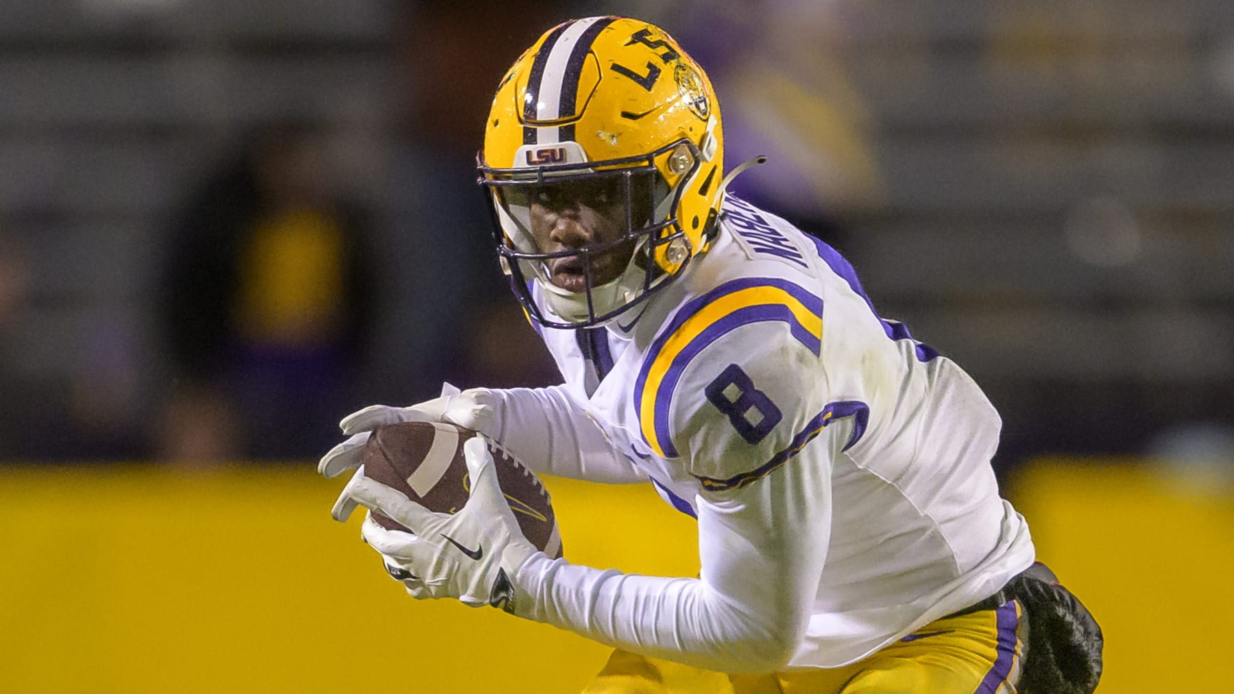 LSU wide receiver Malik Nabers (8) runs after a reception during an NCAA college football game against UAB in Baton Rouge, La., Saturday, Nov. 19, 2022. (AP Photo/Matthew Hinton)