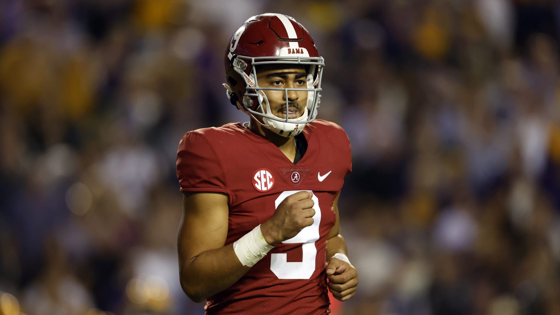 Alabama quarterback Bryce Young (9) during the first half of an NCAA college football game against LSU in Baton Rouge, La., Saturday, Nov. 5, 2022. (AP Photo/Tyler Kaufman)