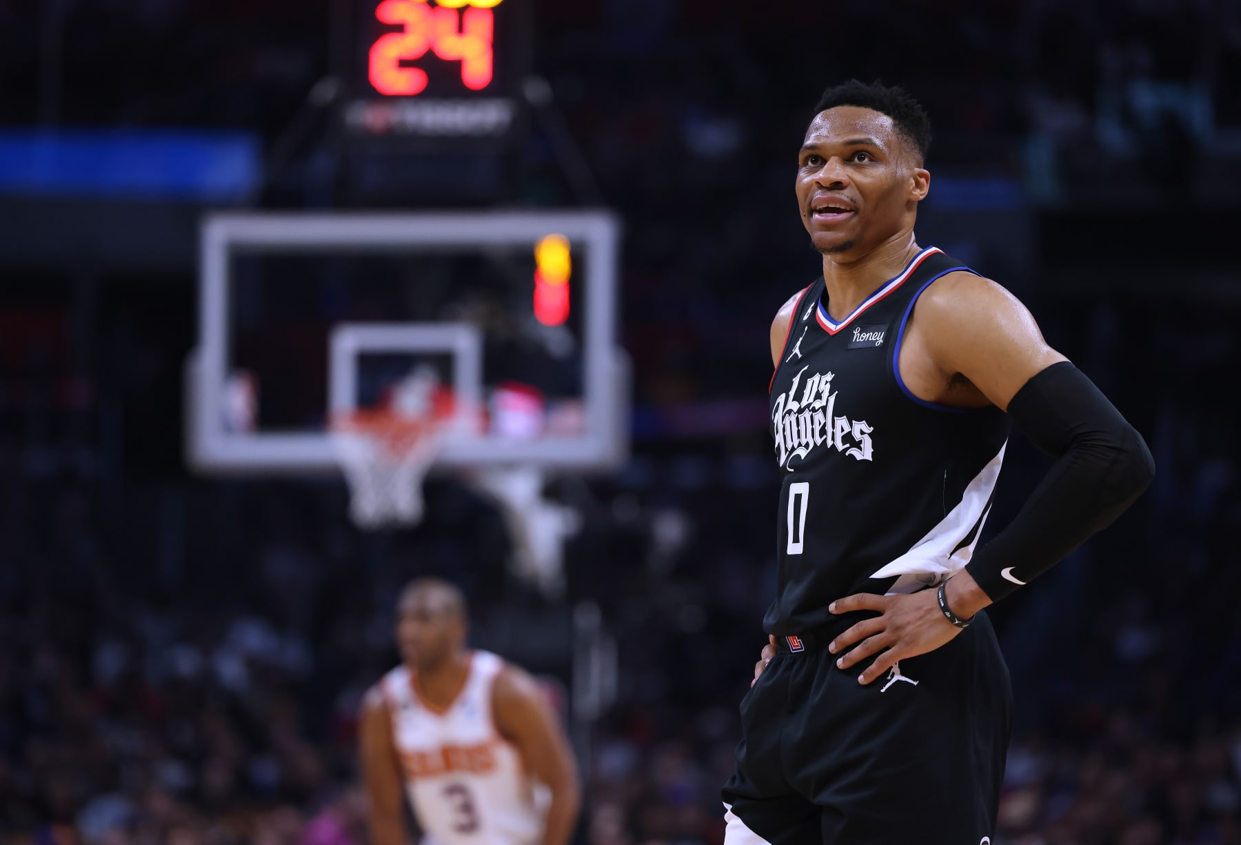LOS ANGELES, CALIFORNIA - APRIL 22: Russell Westbrook #0 of the LA Clippers reacts as he waits for the start of play during a 112-100 loss to the Phoenix Suns during Game Four of the Western Conference First Round Playoffs at Crypto.com Arena on April 22, 2023 in Los Angeles, California. NOTE TO USER: User expressly acknowledges and agrees that, by downloading and or using this photograph, User is consenting to the terms and conditions of the Getty Images License Agreement. (Photo by Harry How/Getty Images)
