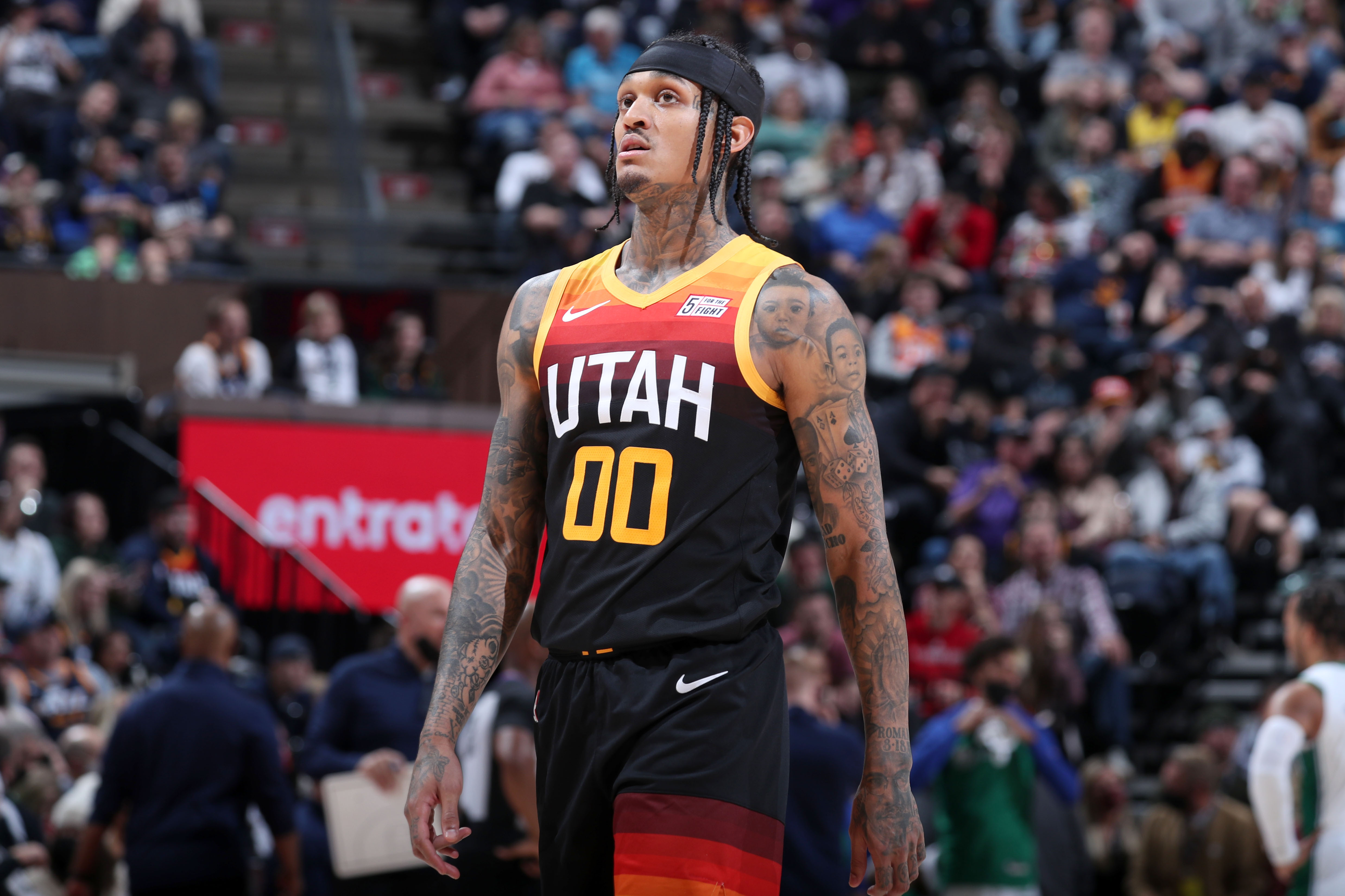 SALT LAKE CITY, UT - DECEMBER 25: Jordan Clarkson #00 of the Utah Jazz looks on during the game against the Dallas Mavericks on December 25, 2021 at Vivint Smart Home Arena in Salt Lake City, Utah. NOTE TO USER: User expressly acknowledges and agrees that, by downloading and or using this Photograph, User is consenting to the terms and conditions of the Getty Images License Agreement. Mandatory Copyright Notice: Copyright 2021 NBAE (Photo by Melissa Majchrzak/NBAE via Getty Images)