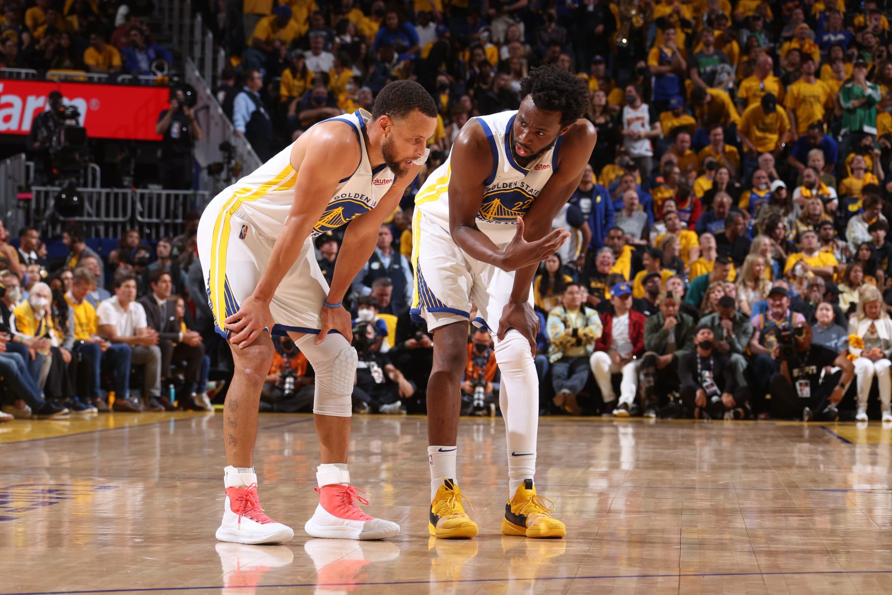 SAN FRANCISCO, CA - JUNE 5: Stephen Curry #30 and Andrew Wiggins #22 of the Golden State Warriors look on during Game Two of the 2022 NBA Finals on June 5, 2022 at Chase Center in San Francisco, California. NOTE TO USER: User expressly acknowledges and agrees that, by downloading and or using this photograph, user is consenting to the terms and conditions of Getty Images License Agreement. Mandatory Copyright Notice: Copyright 2022 NBAE (Photo by Nathaniel S. Butler/NBAE via Getty Images)