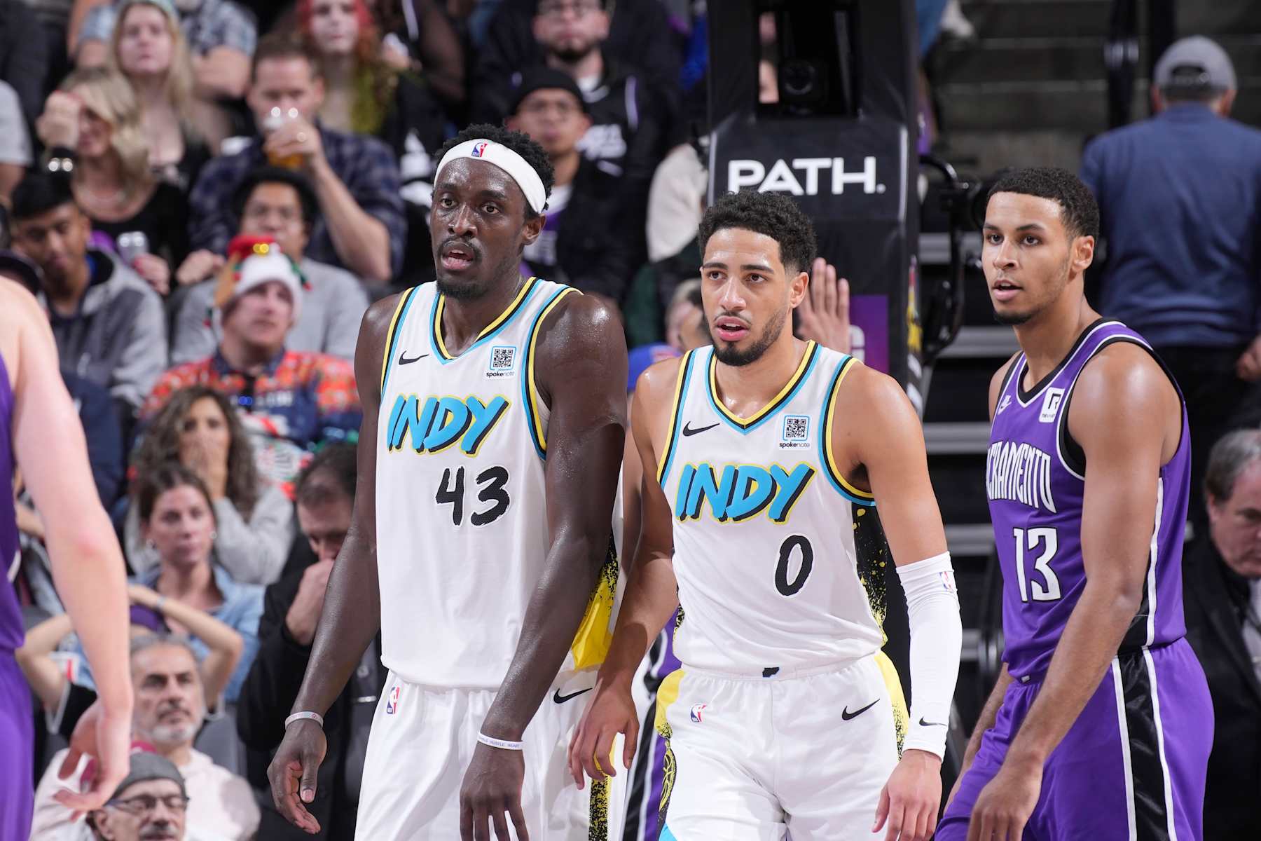 SACRAMENTO, CA - DECEMBER 22: Pascal Siakam #43 and Tyrese Haliburton #0 of the Indiana Pacers look on during the game against the Sacramento Kings on December 22, 2024 at Golden 1 Center in Sacramento, California. NOTE TO USER: User expressly acknowledges and agrees that, by downloading and or using this photograph, User is consenting to the terms and conditions of the Getty Images Agreement. Mandatory Copyright Notice: Copyright 2024 NBAE (Photo by Rocky Widner/NBAE via Getty Images)