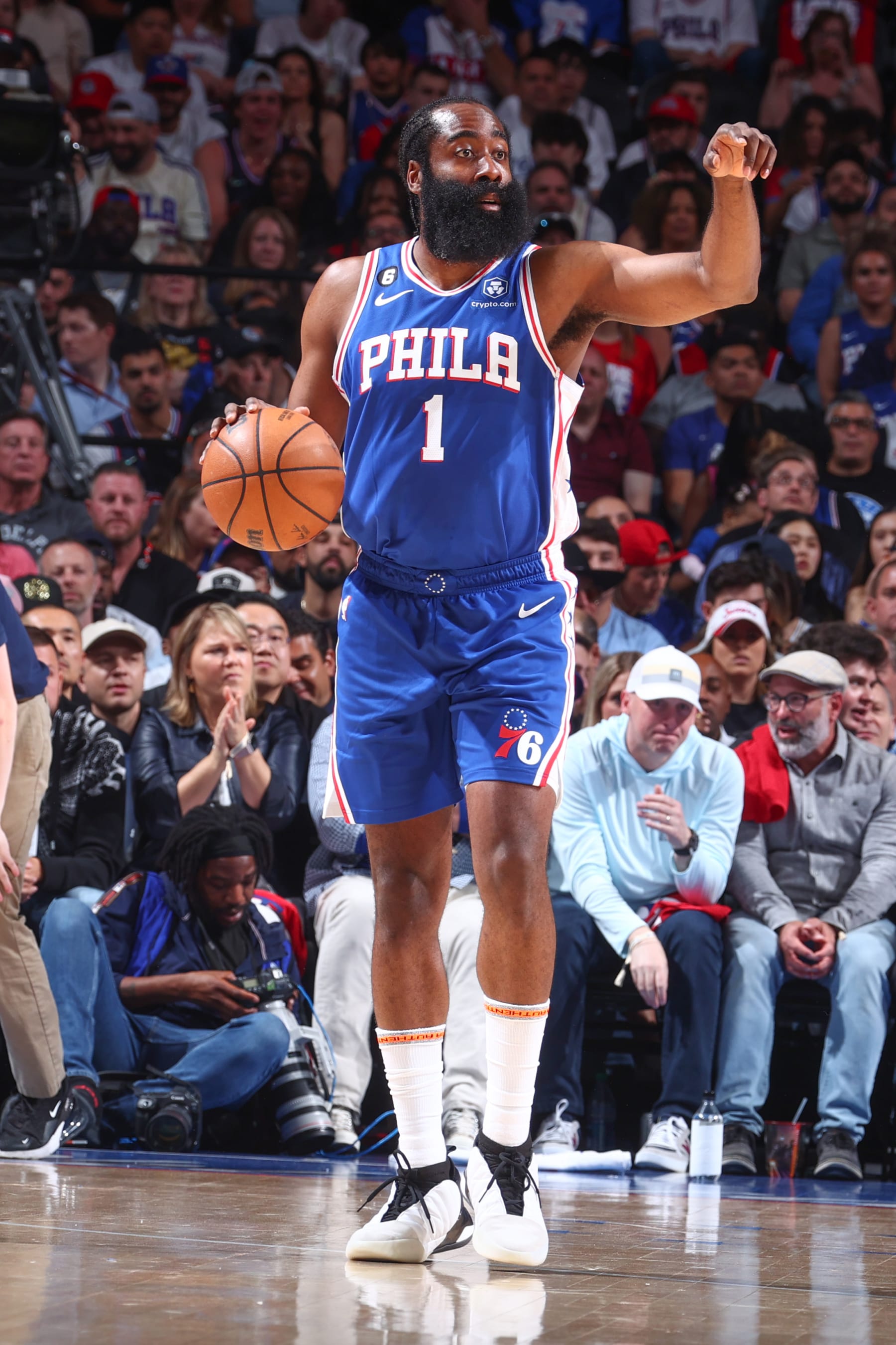PHILADELPHIA, PA - MAY 11:  James Harden #1 of the Philadelphia 76ers goes to the basket during the game during round two game six of the 2023 NBA Playoffs on on May 11, 2023 at the Wells Fargo Center in Philadelphia, Pennsylvania NOTE TO USER: User expressly acknowledges and agrees that, by downloading and/or using this Photograph, user is consenting to the terms and conditions of the Getty Images License Agreement. Mandatory Copyright Notice: Copyright 2023 NBAE (Photo by Nathaniel S. Butler/NBAE via Getty Images)