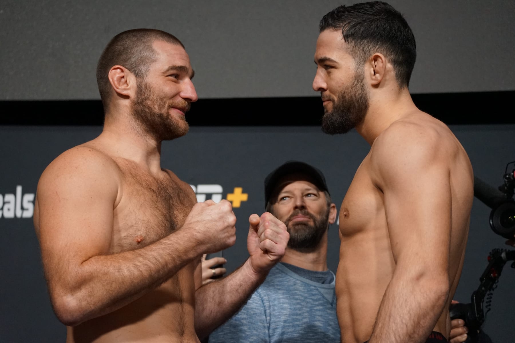 LAS VEGAS, NV - JANUARY 13: Sean Strickland (L) vs. Nassourdine Imavov (R) face off for the first time ahead of their UFC Vegas 67 bout on January 13, 2023, at the UFC APEX in Las Vegas, NV (Photo by Amy Kaplan/Icon Sportswire via Getty Images)