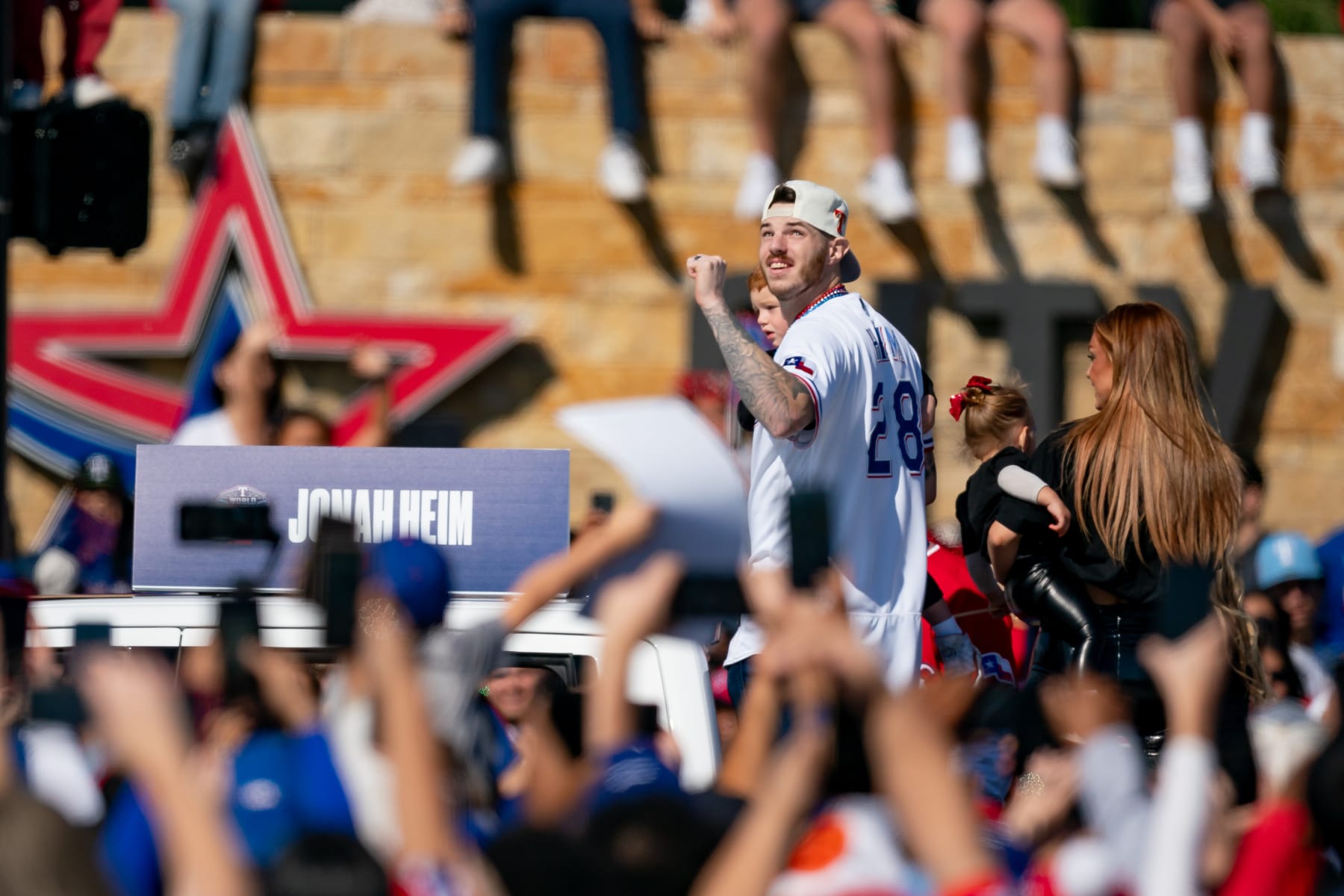 ARLINGTON, TX - NOVEMBER 03: Texas Rangers catcher Jonah Heim (28) looks on during the Texas Rangers Championship Parade on November 3, 2023 at Globe Life Field in Arlington, TX. (Photo by Chris Leduc/Icon Sportswire via Getty Images)