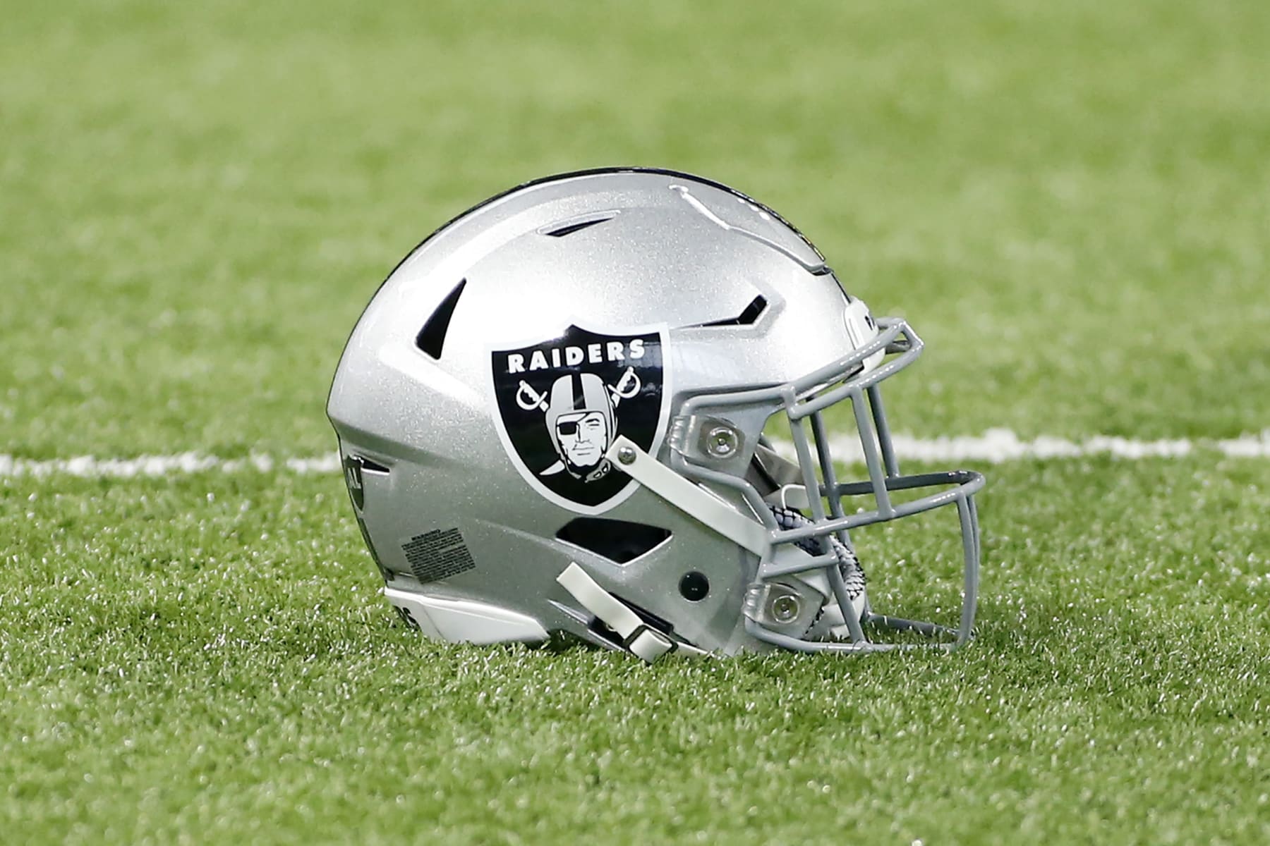 INDIANAPOLIS, INDIANA - SEPTEMBER 29: An Oakland Raiders helmet on the field before the game against the Indianapolis Colts at Lucas Oil Stadium on September 29, 2019 in Indianapolis, Indiana. (Photo by Justin Casterline/Getty Images)