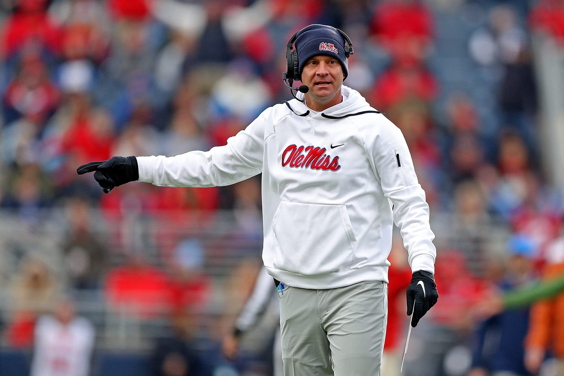 OXFORD, MISSISSIPPI - NOVEMBER 12: head coach Lane Kiffin of the Mississippi Rebels  during the game against the Alabama Crimson Tide at Vaught-Hemingway Stadium on November 12, 2022 in Oxford, Mississippi. (Photo by Justin Ford/Getty Images)